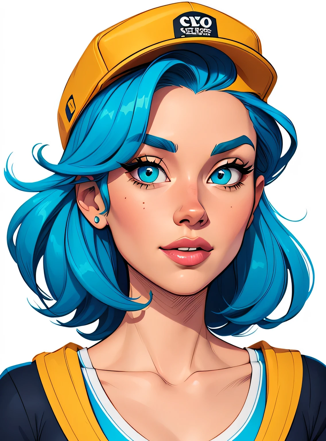 (estilo de desenho animado:1.2), Imagem de desenho animado de uma mulher com cabelo azul, cap, roupas de rua hip hop , garota funky super fofa, cartoon style illustration, estilo de arte dos desenhos animados, estilo de arte dos desenhos animados, digital illustration style, design de personagens altamente detalhado, arte digital detalhada fofa, City Girl Fan Art, design de personagem retrato, beautiful digital illustration, retrato de alta qualidade, arte em quadrinhos, retrato do design do personagem, fundo branco