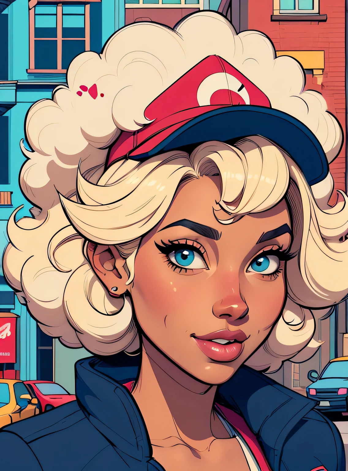 (estilo de desenho animado:1.2), Imagem de desenho animado de uma mulher com grande cabelo afro, hip hop cap and street clothes , garota funky super fofa, cartoon style illustration, estilo de arte dos desenhos animados, estilo de arte dos desenhos animados, digital illustration style, design de personagens altamente detalhado, arte digital detalhada fofa, City Girl Fan Art, design de personagem retrato, beautiful digital illustration, retrato de alta qualidade, arte em quadrinhos, retrato do design do personagem, fundo do graffiti