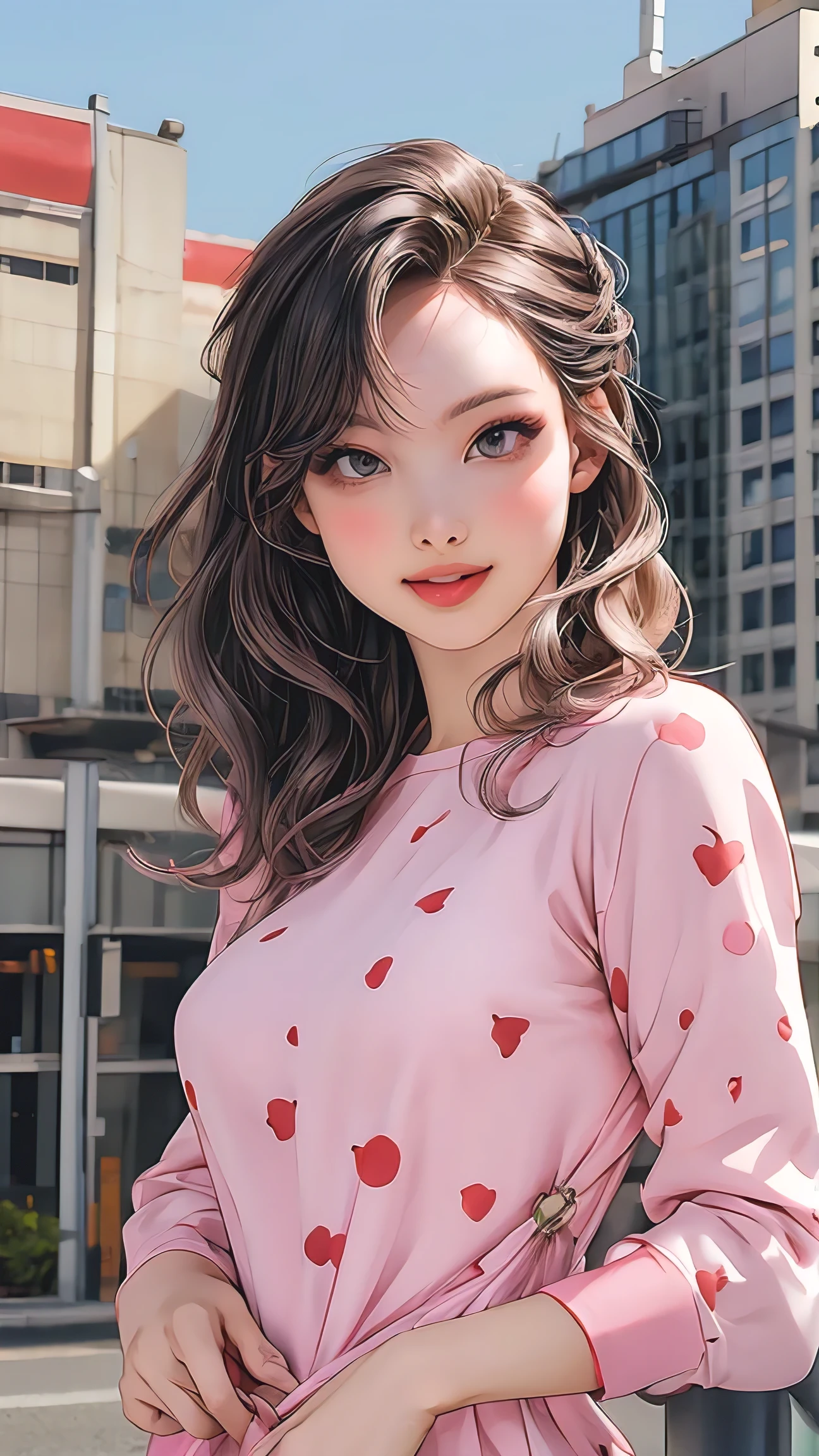 (best quality, masterpiece, photorealistic:1.3), wavy hair, printed sexy minidress, big city