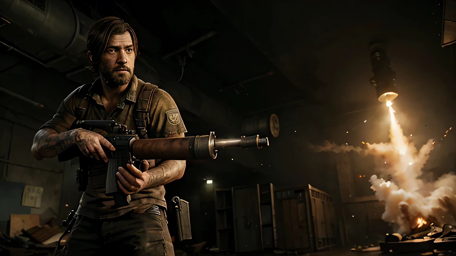 Man from the game "The Last of Us" with a rocket launcher