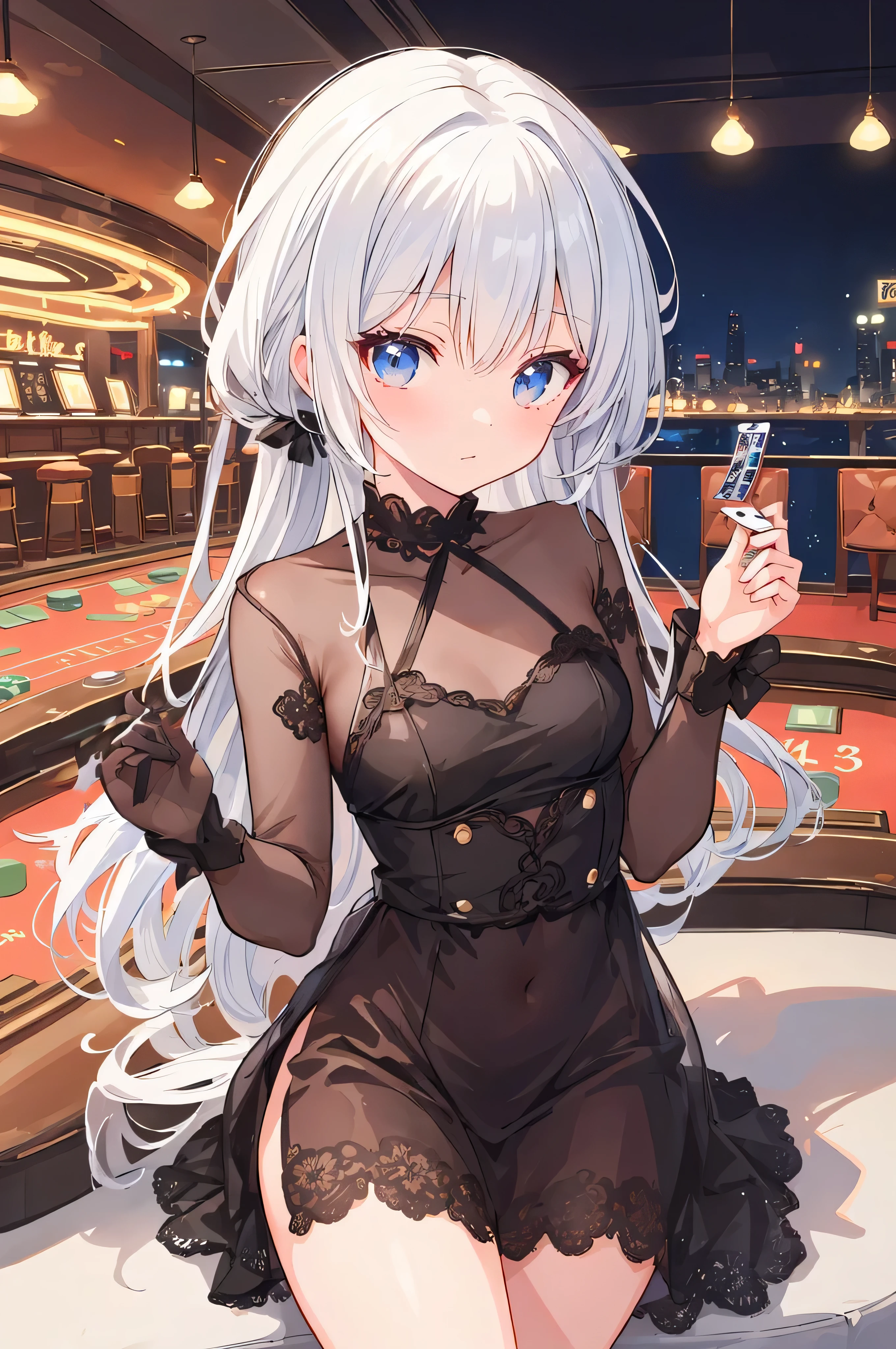 masterpiece, best quality, highres, mature female, shenhe \(genshin impact\), white hair, braided ponytail, white hair, long hair, earrings, blue eyes ,hair ornaments, hair over one eyes, parted lips, <lora:shenhe:1>, playboy bunny, animal ears, fishnet bodysuit, reverse bunnysuit, <lora:FishnetBunnyV1:1>, casino, poker table, casino chips, looking at viewer, light smile, blush, <lora:add_detail:0.3>