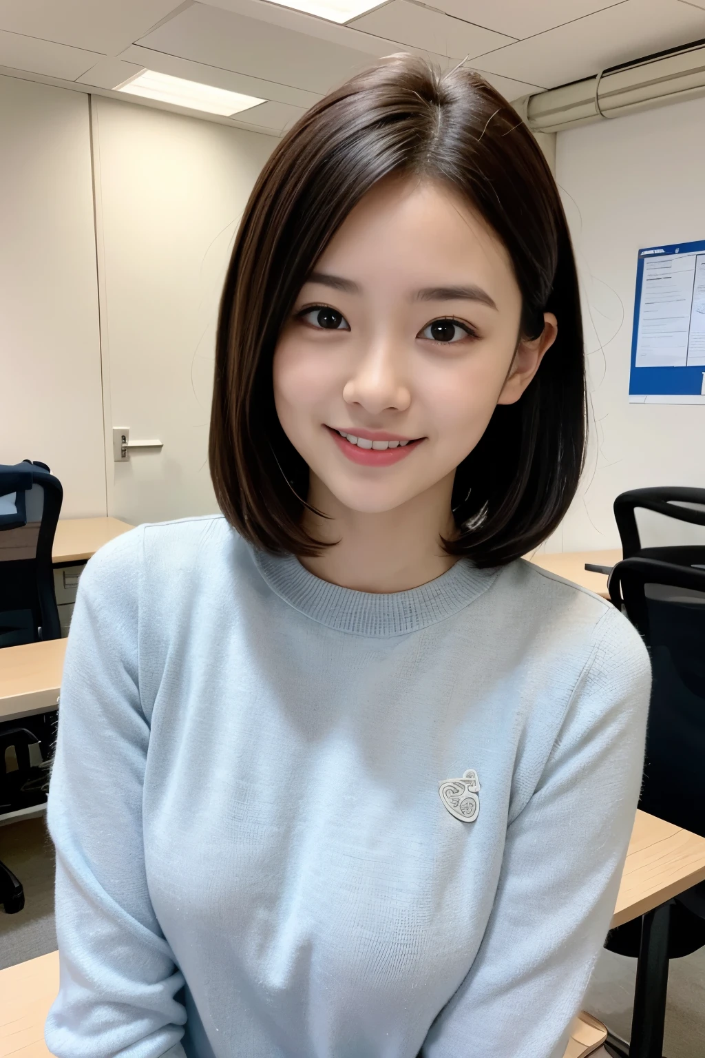 (8K, RAW photo, highest quality, masterpiece:1.3), (realistic, photo-realistic:1.4), (Highly detailed 8K wallpaper), sharp focus, Depth of written boundary,
japanese idol,very cute,(baby face),sweater, Look at us and smile, Upper body, highly detailed face and eyes,((shiny skin:1.2)), cinematic lighting, soft light, blur background, Bokeh, High-tech company office background with state-of-the-art equipment, clean design, blue and white tones