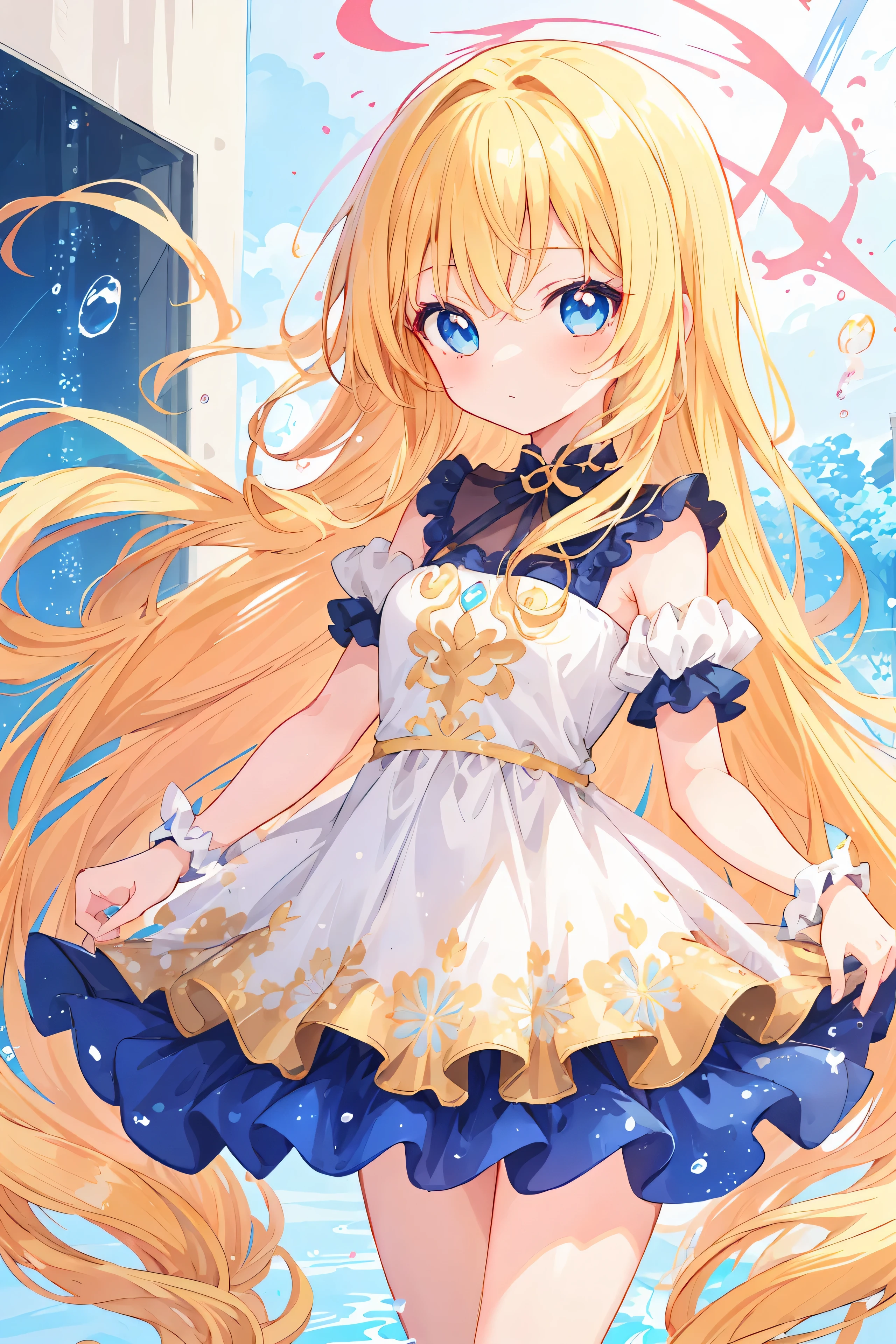 anime girl avec de longs cheveux blonds et des yeux bleus dans une robe,   courbée, fille anime blonde aux cheveux longs,  en robe, jolie fille animée, jolie fille animée, waifu anime mignon dans une jolie robe, anime splash art , , Belle fille animée, fille anime séduisante, visuel animé d&#39;une jolie fille, Style anime Ecchi