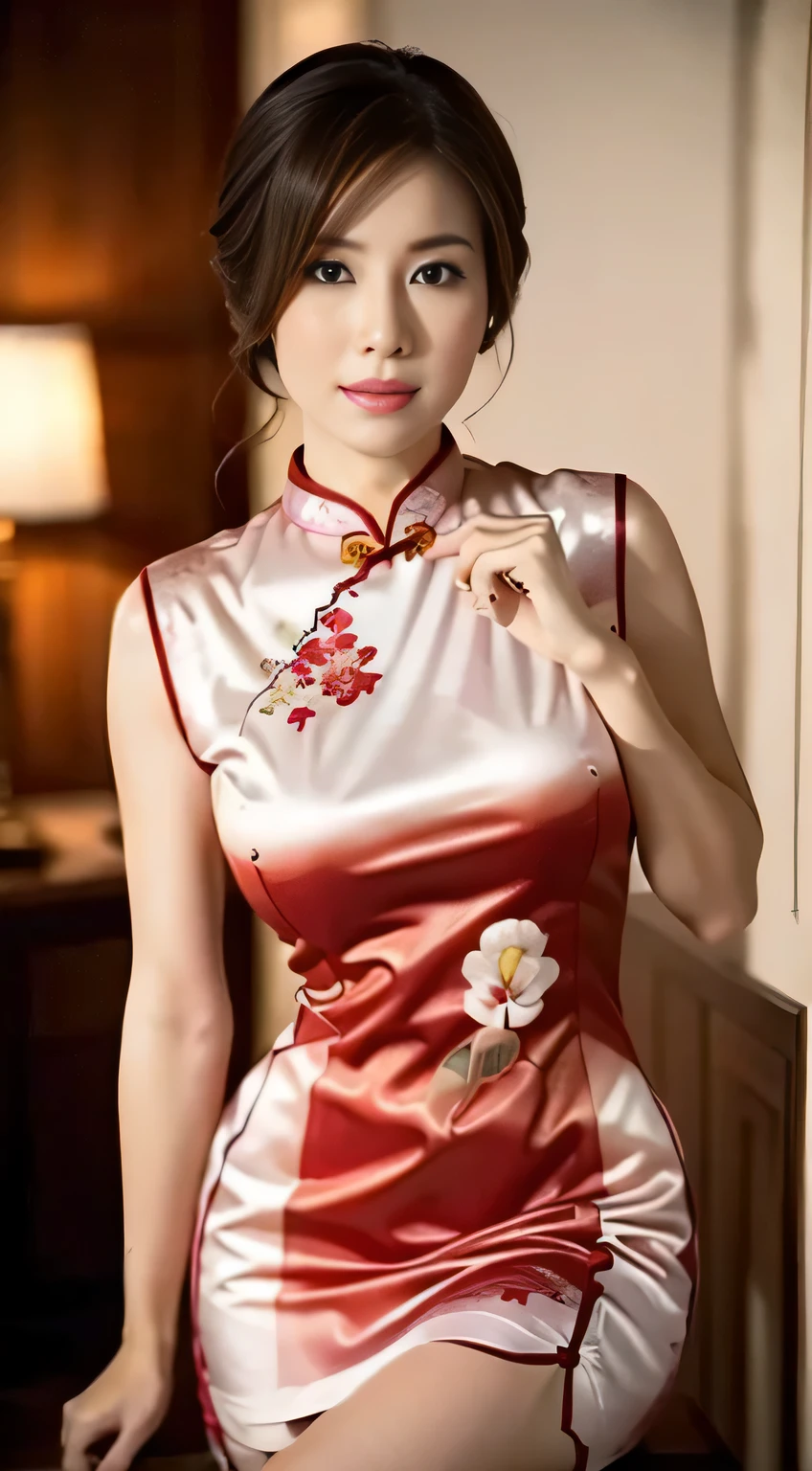 (highest quality,8K,masterpiece),anatomically correct,beautiful mature woman,
Japanese mature woman posing,lip gloss,expression of ecstasy、
perfect face，Detailed depiction of the hand，4 fingers and 1 thumb：1.3），
(((Beautiful patterned embroidered cheongsam 1.3)))，((red cheongsam)))，small waist, sexy pose,bold pose, Beautiful legs visible through the slit of a long skirt, 
big and full breasts, neatly tied hair