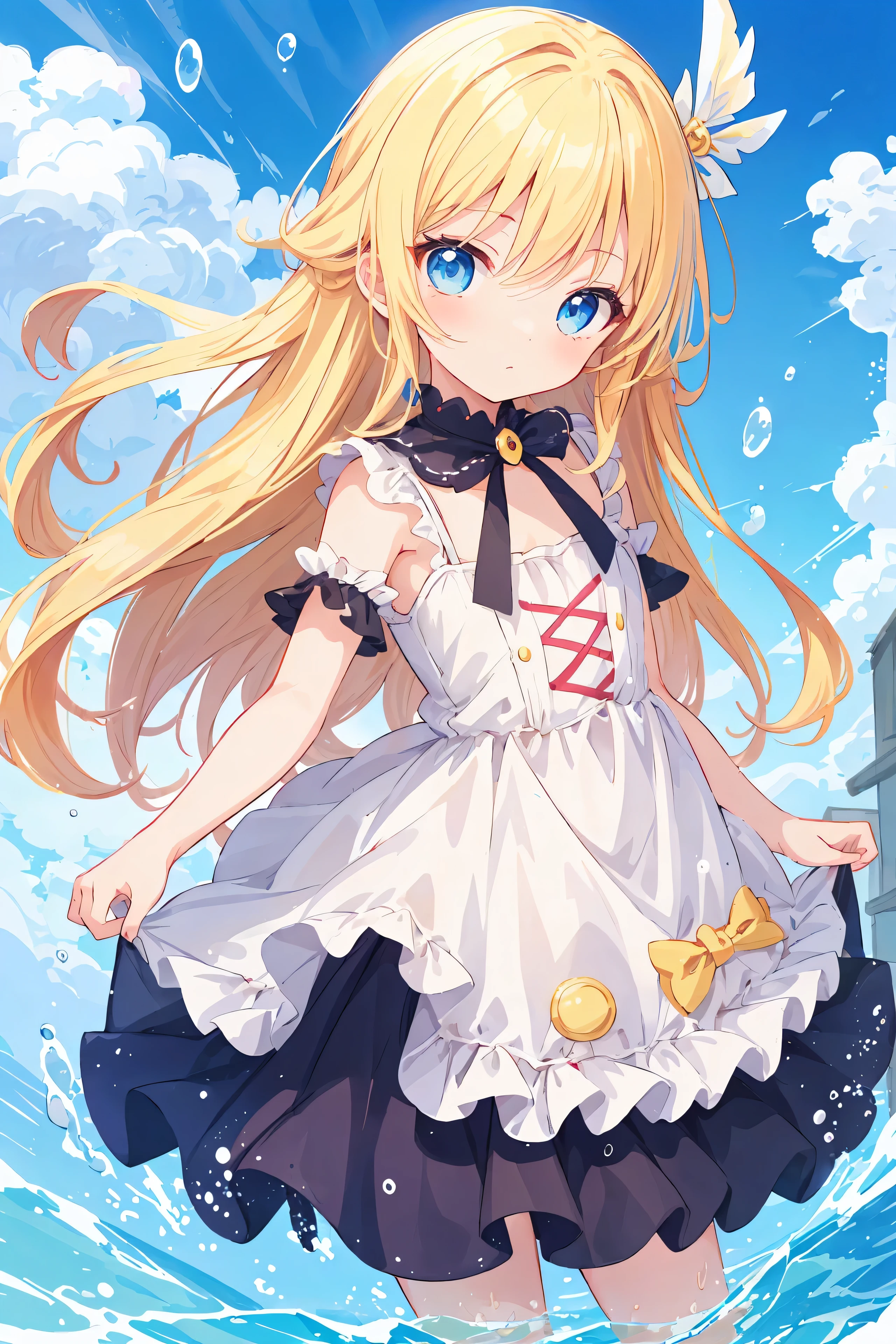 anime girl avec de longs cheveux blonds et des yeux bleus dans une robe, un dessin d’anime par Ai-Mitsu, Gagnant du concours Pixiv, art de processus,   courbée, fille anime blonde aux cheveux longs,  en robe, jolie fille animée, waifu anime mignon dans une jolie robe, jolie fille animée, anime splash art , , Belle fille animée