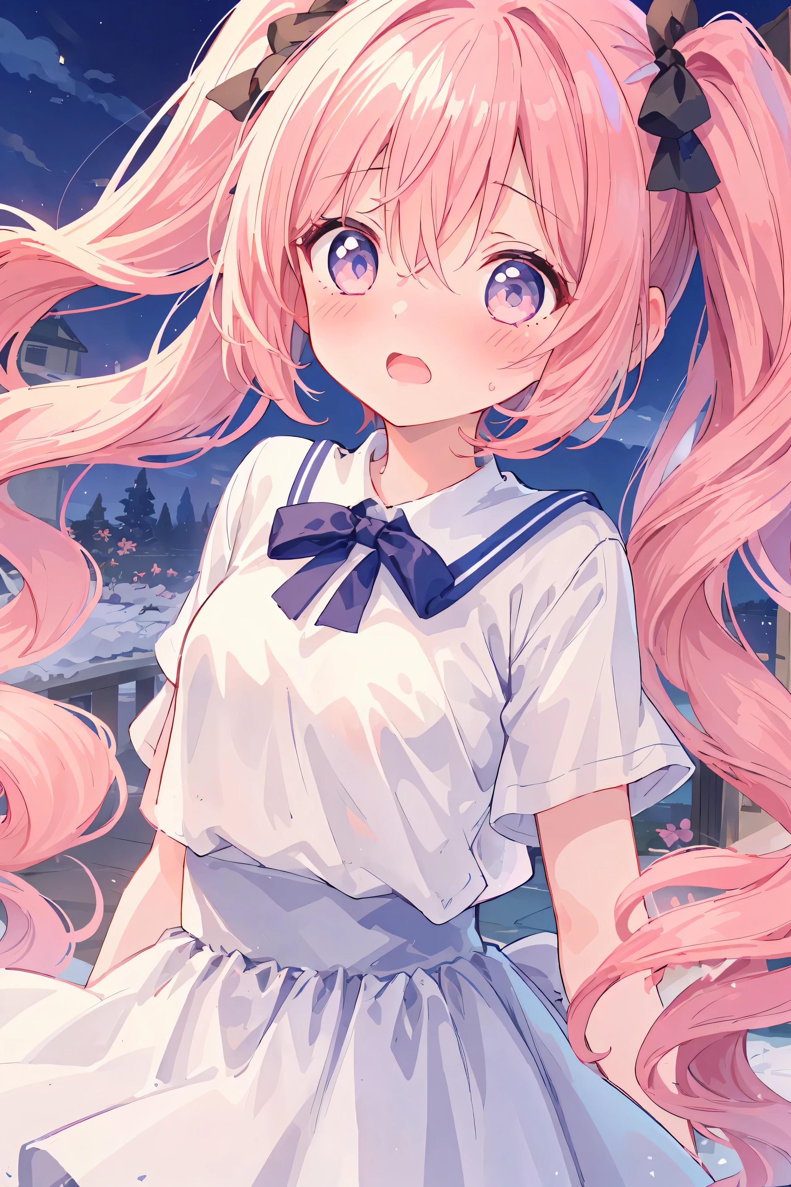 1fille. cheveux roses.Cheveux longs.Twintails.{}.petite taille. poitrine.t-shirts blancs.jupe. (((chef-d&#39;artwork))).(((best quality))).)((Ultra-detailed))).(((illustration))).(((Vue nocturne))).((rougir)).((Ouverture de la bouche)).((Ouvre tes yeux)).((visage surpris)).