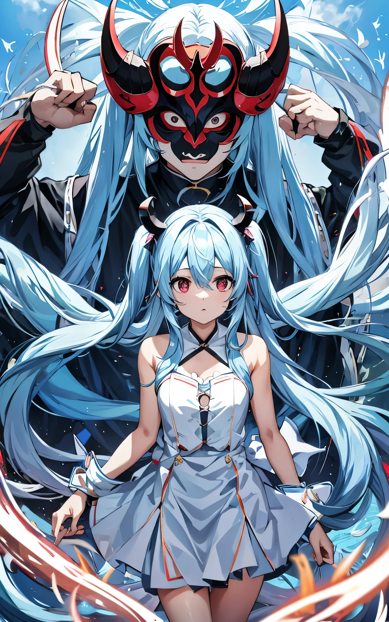 light blue long hair、Twin-tailed girl, Have beans、Chasing someone wearing a demon mask、Face-to-face audience,