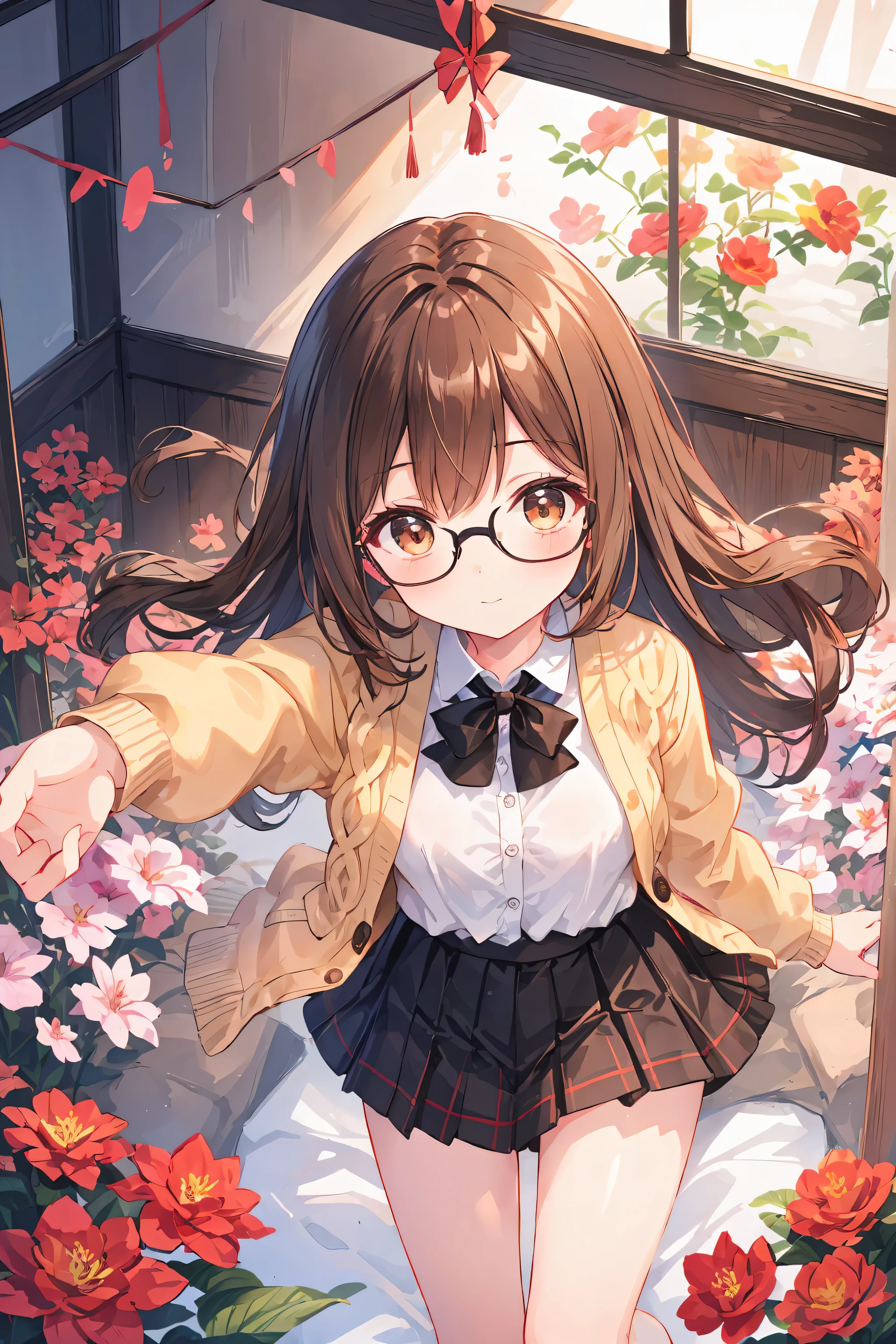 1 femelle、cheveux bruns、yeux marrons、Lunettes à monture noire、séduisant 、des visages magnifiques、corps parfait。meilleure qualité、ultra-détaillé、Résolution 8K、Photo brute、dessus de la table。Cardigan long、jupe près du。jardins de fleurs。