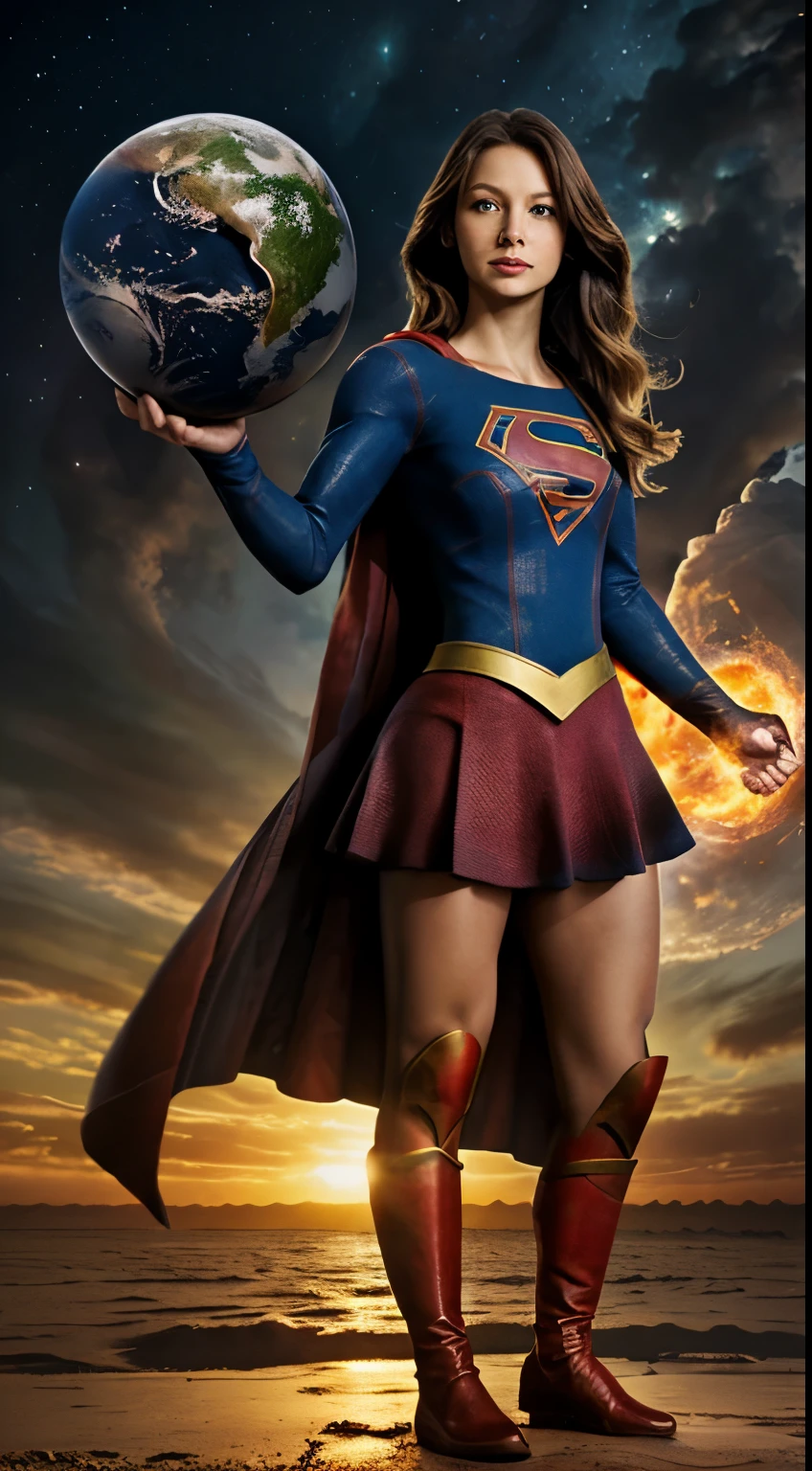 Supergirl holding the planet Earth with her hands, hiperdetallada, hiper realista, alta calidad,