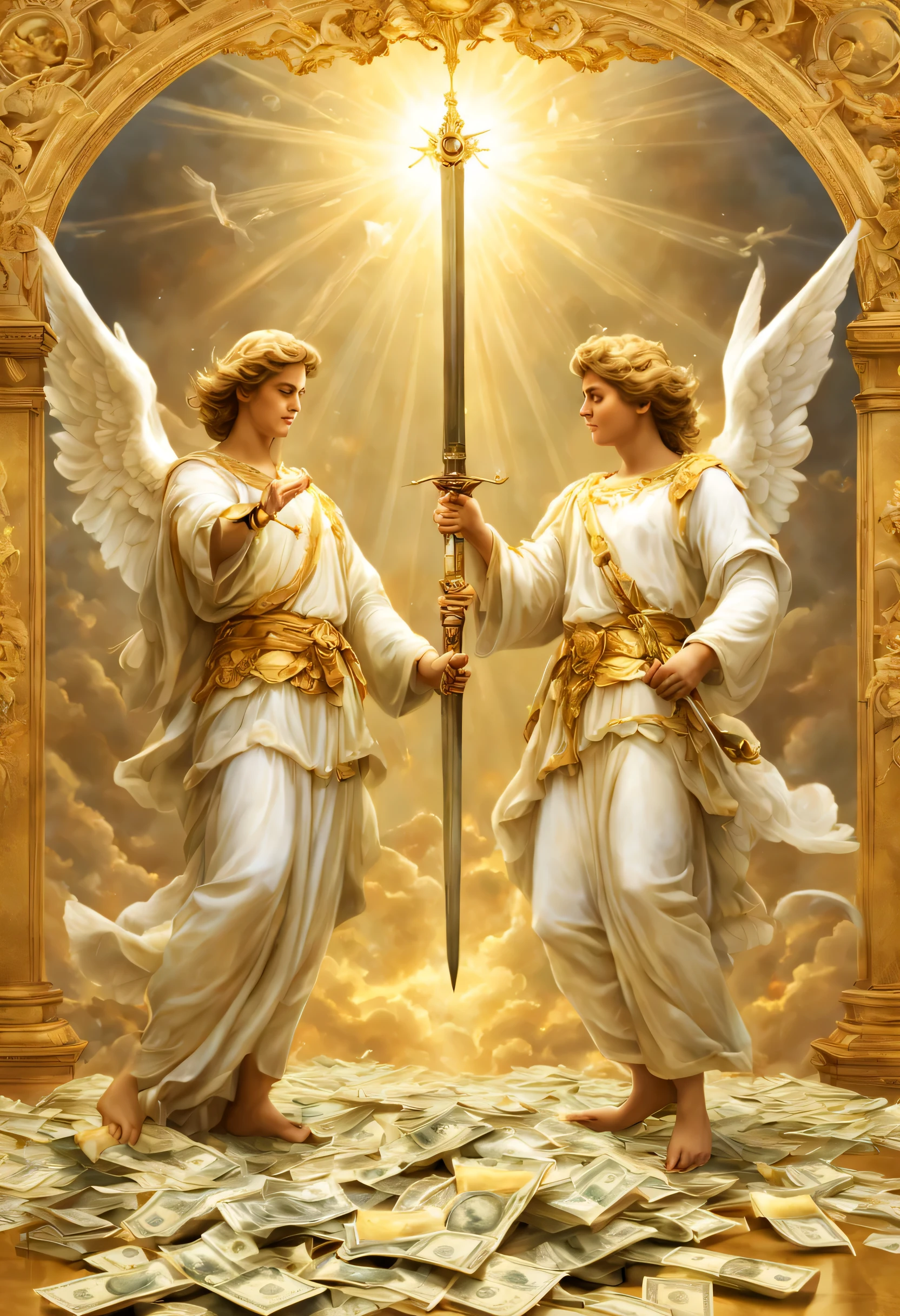 "depict an ultra-realistic 4k image depicting two male heavenly angels with swords in their hands. They should exude a sense of serenity and benevolence. In floor, Arrumado bem, there must be several money notes, simbolizando prosperidade. O fundo da imagem deve ser celestial, with golden tones that convey a feeling of richness and divinity. Certifique-se de capturar a harmonia entre a espiritualidade dos anjos e o simbolismo material das notas de dinheiro, creating an atmosphere that inspires hope, Confidence and prosperity. The image must be drawn in ultra-realistic 4K resolution, as if it were a professional camera."