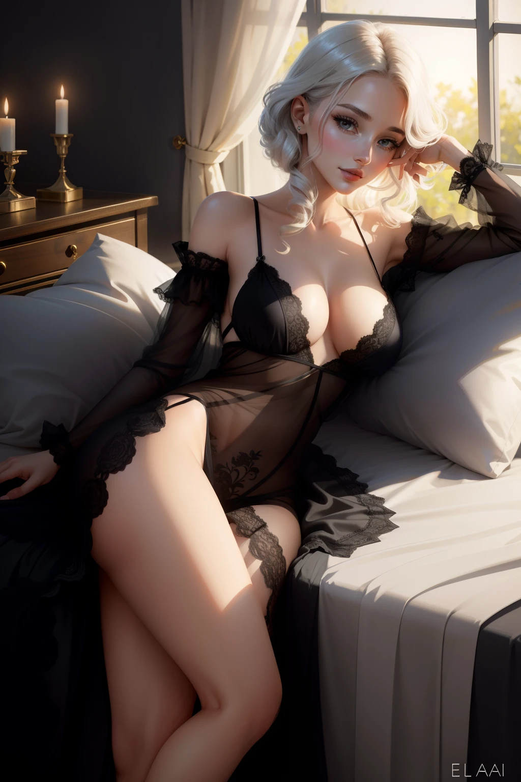 Meet Elara, a graceful Caucasian woman in her early thirties. Her slender frame is adorned in a causally comfortable splice lace satin pajama set. With a smirk playing on her lips, she reclines on a plush bed in a dimly lit room, the shades drawn to block out the sun. The serene atmosphere is captured in photorealistic detail, every curve and crease visible, adding to the allure of this mysterious scene.