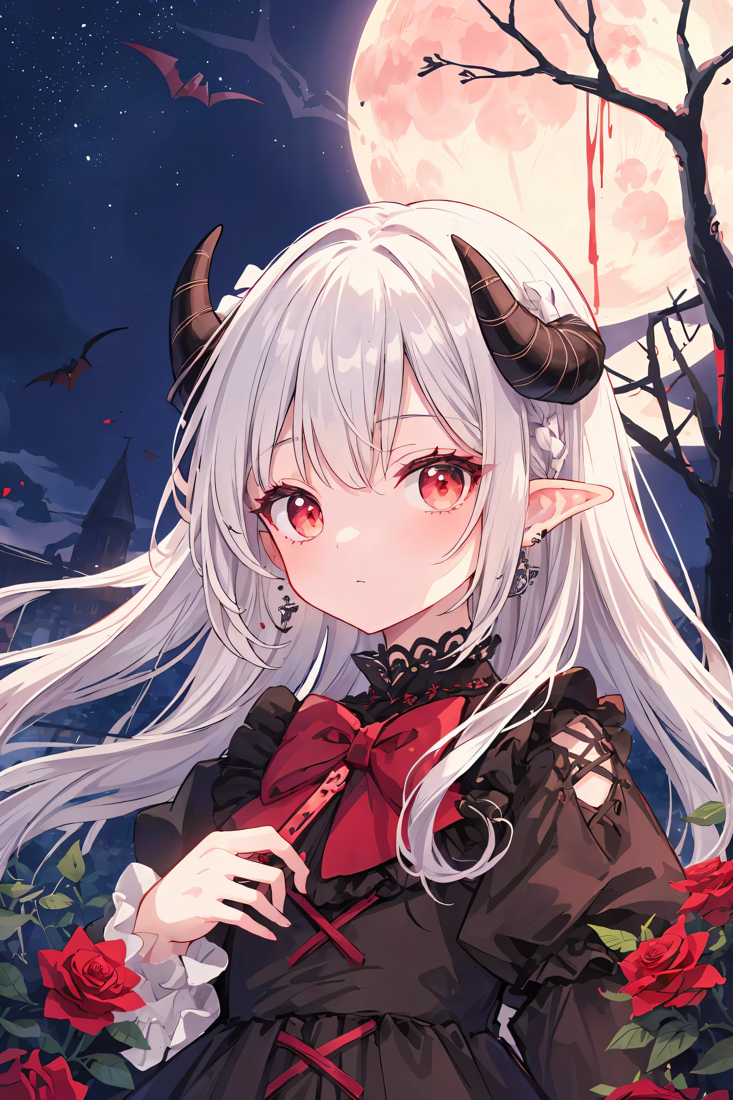 vampire, défense, Robe à carreaux, ultra magnifique, extrêmement détaillé, Coiffure complexe, arc, Mode ta, style loliAnime Girl Cosplay, , mignon, jolie angélique, , Portrait de fille Lolita, er rouge, et 2k, An 2000, Style émo, non traditionnel, damier rouge, fille de la série mine, style harajuku, Habillage exagéré, Ornements complexes, Style rock, styles gothiques, Pointed des boucles d'oreilles, oreilles d'elfe, des boucles d'oreilles, des boucles d'oreilles, Dentelle, frivole, Des roses dégoulinantes de sang, Nuit au clair de lune, compositions dramatiques, Ponette a, petites cornes démoniaques, Enroulé les mains autour de la vigne, roses épineuses