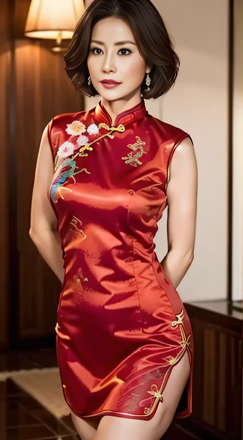 (highest quality,8K,masterpiece),anatomically correct,beautiful mature woman,
Japanese mature woman posing,lip gloss,expression of ecstasy、Lee Hong,lipstick,eye shadow,
perfect face,Detailed depiction of the hand,4 fingers and 1 thumb:1.3),
(((Beautiful patterned embroidered cheongsam 1.3))),((red cheongsam))),small waist, sexy pose,bold pose,
Beautiful legs visible through the slit of a long skirt, Show off your thighs,
big breasts,neatly tied hair