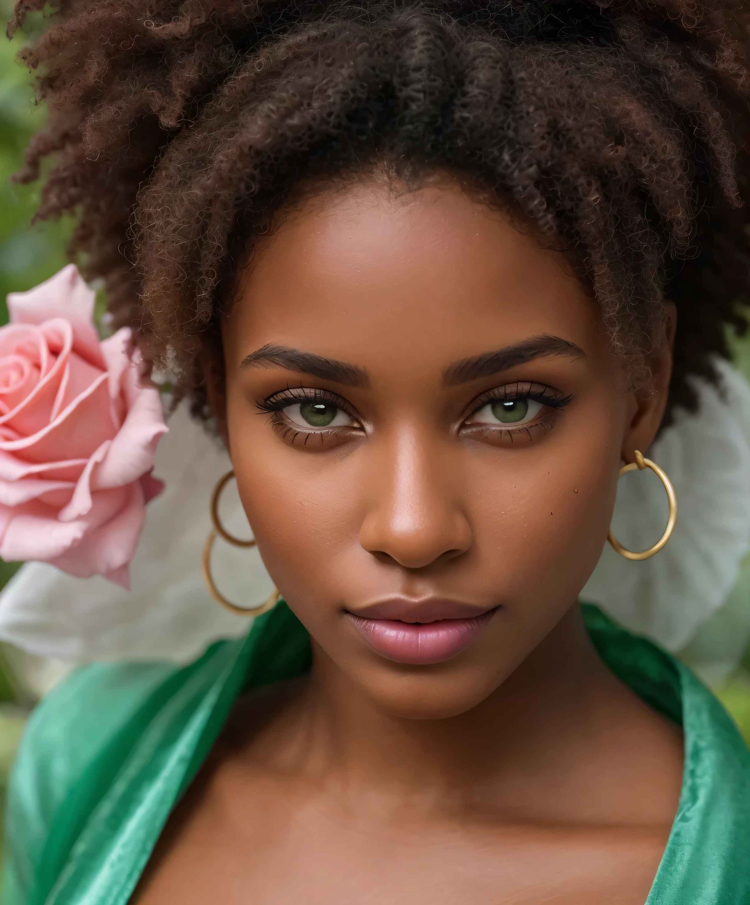 a young woman of about 20 years, ojos verdes, cuya piel oscura es tan suave y perfecta que parece hecha de terciopelo. Su tono de piel profundo brilla con una luminosidad natural que emana desde dentro., creando un halo de belleza a su alrededor. His meticulously styled afro hair frames a face with impeccable features and a precisely sculpted jawline... Sus labios naturalmente rosados son suaves y atractivos., like rose petals. Pero lo que realmente hipnotiza son sus ojos., de un verde claro tan vibrante que parecen brillar con luz propia. His gaze is magnetic, atrayendo todas las miradas hacia ella con su aura de gracia y majestad. It's a vision of ethereal beauty., como una diosa encarnada en forma humana.