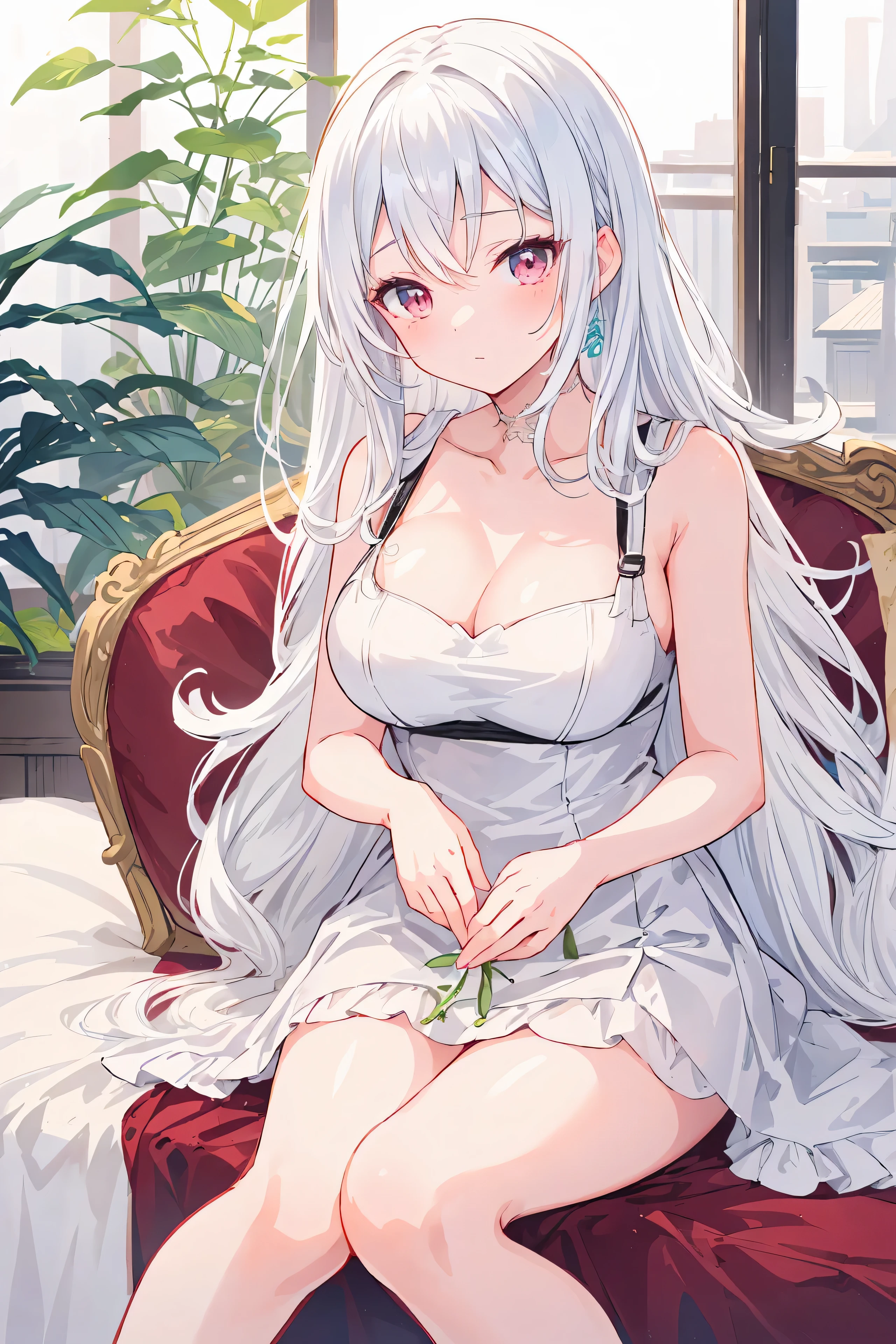 anime - image de style d'une femme vêtue d'une robe blanche assise sur un lit, un dessin animé de Shitao, pixiv, tibia suspendu, perfect cheveux blancs girl, fille anime séduisante, Tifa Lockhart aux cheveux blancs, les mieux notés sur pixiv, cheveux blancs, des filles de première ligne, chez pixiv, Artgerm extrêmement détaillé, cheveux blancs deity