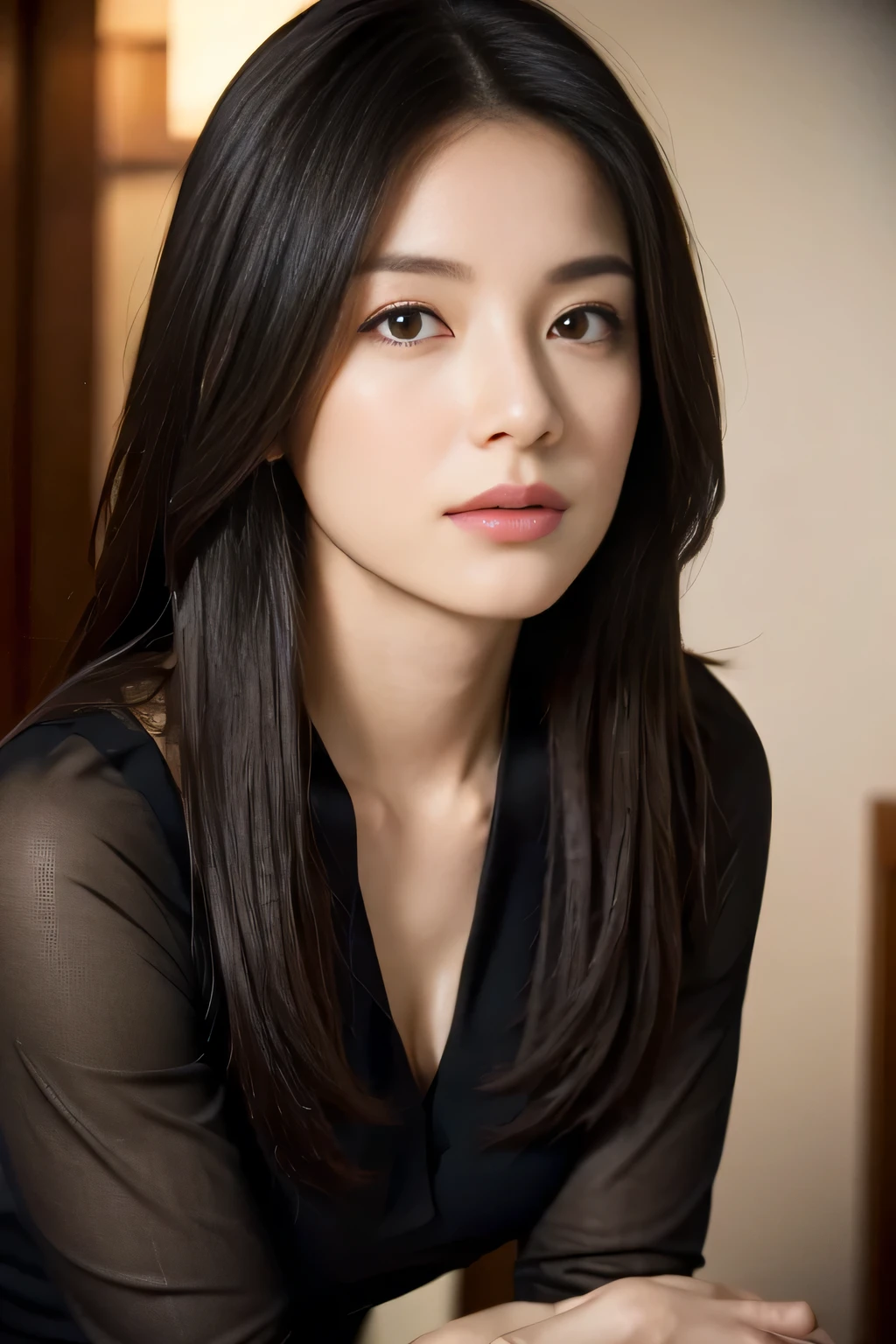 (Masseter muscle part:1.3)、(In 8K、Photoreal、RAW photo、highest quality: 1.4)、(1 girl)、beautiful face、(lifelike face)、(black haired、Long Hair - Hair:1.3)、beautiful hairstyle、realistic eyes、beautiful details、(skin that looks real)、beautiful skin、(Black long-sleeved see-through shirt)、absurd、Charm、ultra high resolution、surreal、high detail、