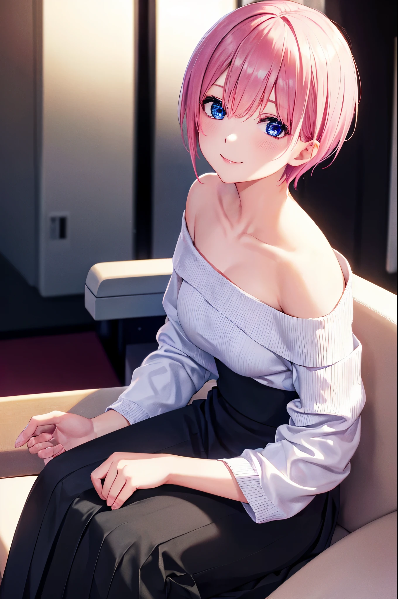 ichikanakano, ichika nakano, short hair, bangs, blue eyes, hair between eyes, pink hair, (white sweater 1.3), (off shoulder:1.3), (black long skirt:1.3), highest quality, High resolution, unity 8k wallpaper, (beautiful and detailed eyes:1.4), highly detailed face, perfect lighting, (perfect hands, perfect anatomy), cowboy shot, (movie theater:1.3), sit down, best smile, Watch the movie