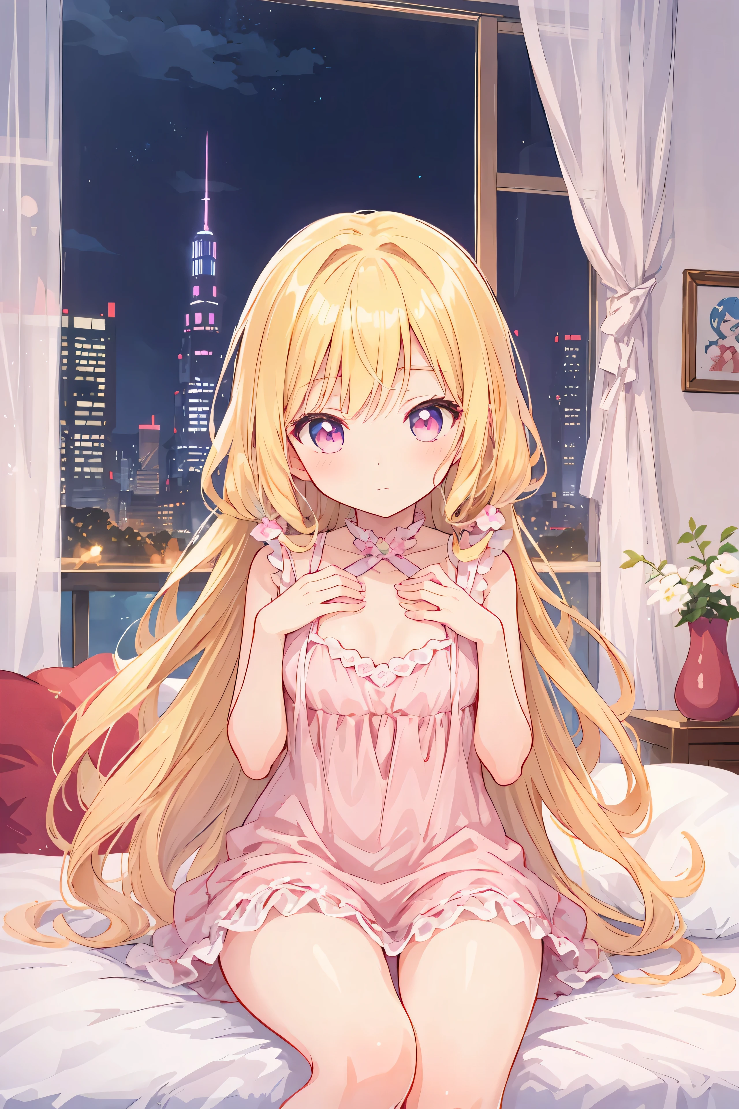 Fille animée in a pink dress sitting on a bed with a city view, un dessin animé de Kamagurka, pixiv, tachisme, seductive Fille animée, courbure , blonde Fille animée with long hair, en robe, beautiful Fille animée, cute Fille animée, pretty Fille animée, poitrine moelleuse, anime meilleure fille, (Fille animée)