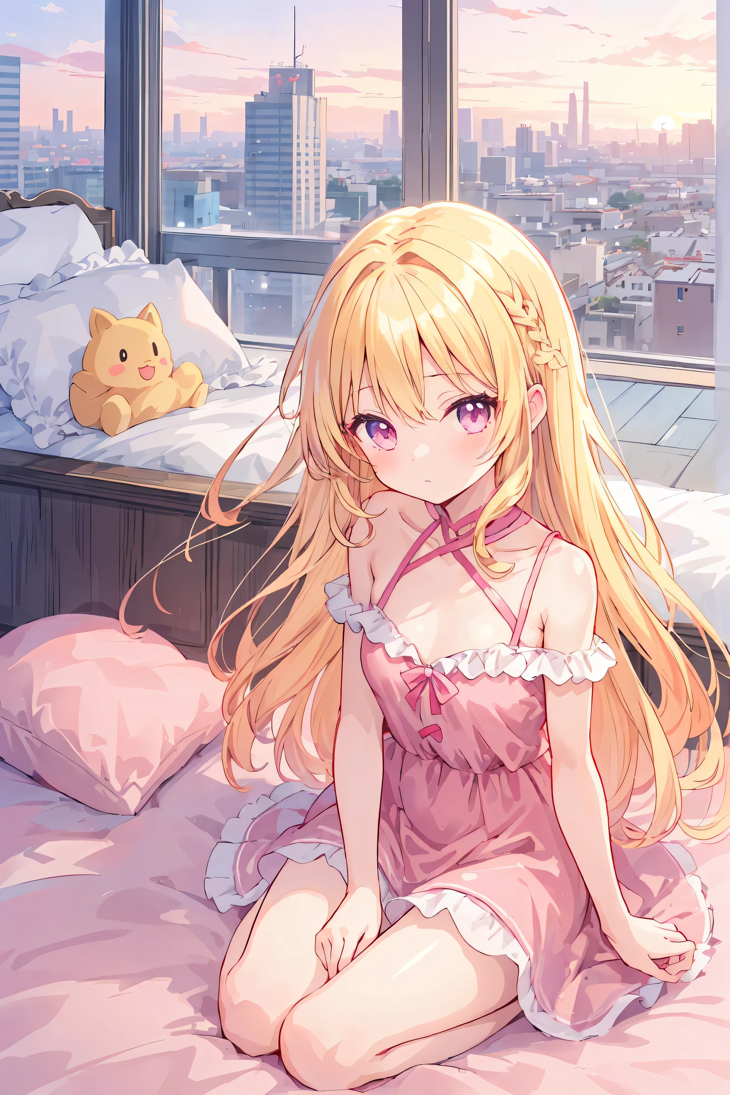 Fille animée in a pink dress sitting on a bed with a city view, un dessin animé de Kamagurka, pixiv, tachisme, seductive Fille animée,  courbure , blonde Fille animée with long hair,  en robe, beautiful Fille animée, cute Fille animée, pretty Fille animée, poitrine moelleuse, anime meilleure fille, (Fille animée)