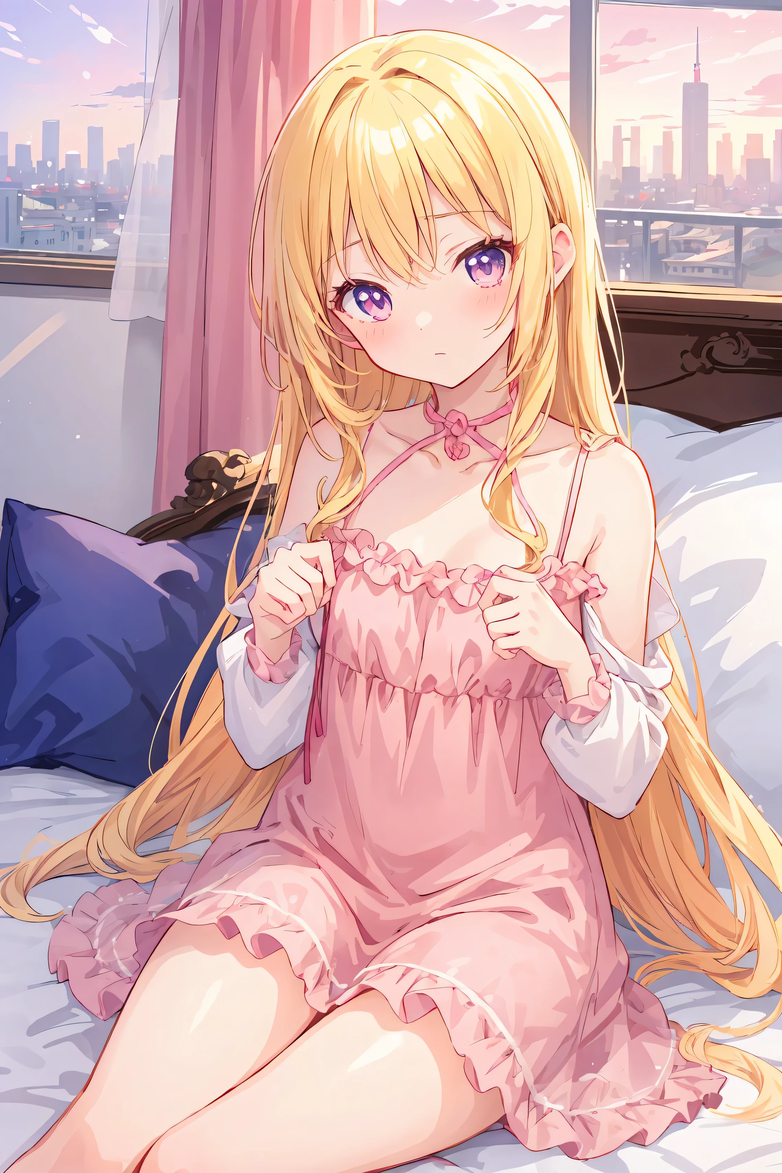 Fille animée in a pink dress sitting on a bed with a city view, un dessin animé de Kamagurka, pixiv, tachisme, seductive Fille animée, courbure , blonde Fille animée with long hair, en robe, beautiful Fille animée, cute Fille animée, pretty Fille animée, poitrine moelleuse, anime meilleure fille, (Fille animée)