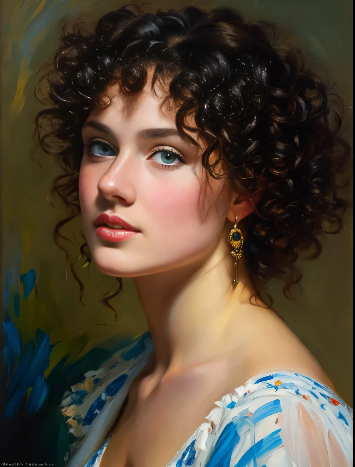 Oil on canvas
Portrait
Young woman
Andrey atroshenko style
Painting
Traditional media
Realistic
Figurative
Fine art
8K
HDR
High resolution
High detail
Focus on face
Black curls
Bright blue eyes
Olive skin