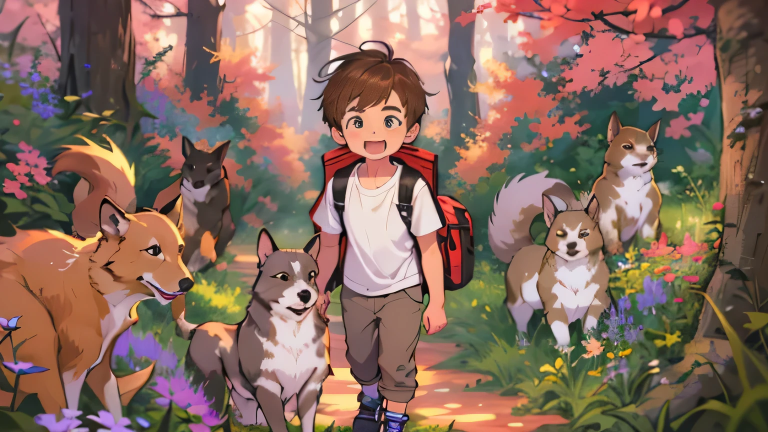 Create an image with a -yeld boa wiggled brown and white dog, and a lively squirrel, all with clear and undistorted faces. The boy wears a casual white shirt, black trousers, and a red backpack with black straps. Ensure they are all together in the scene with a vibrant background of trees and bushes, --seed 2063584062