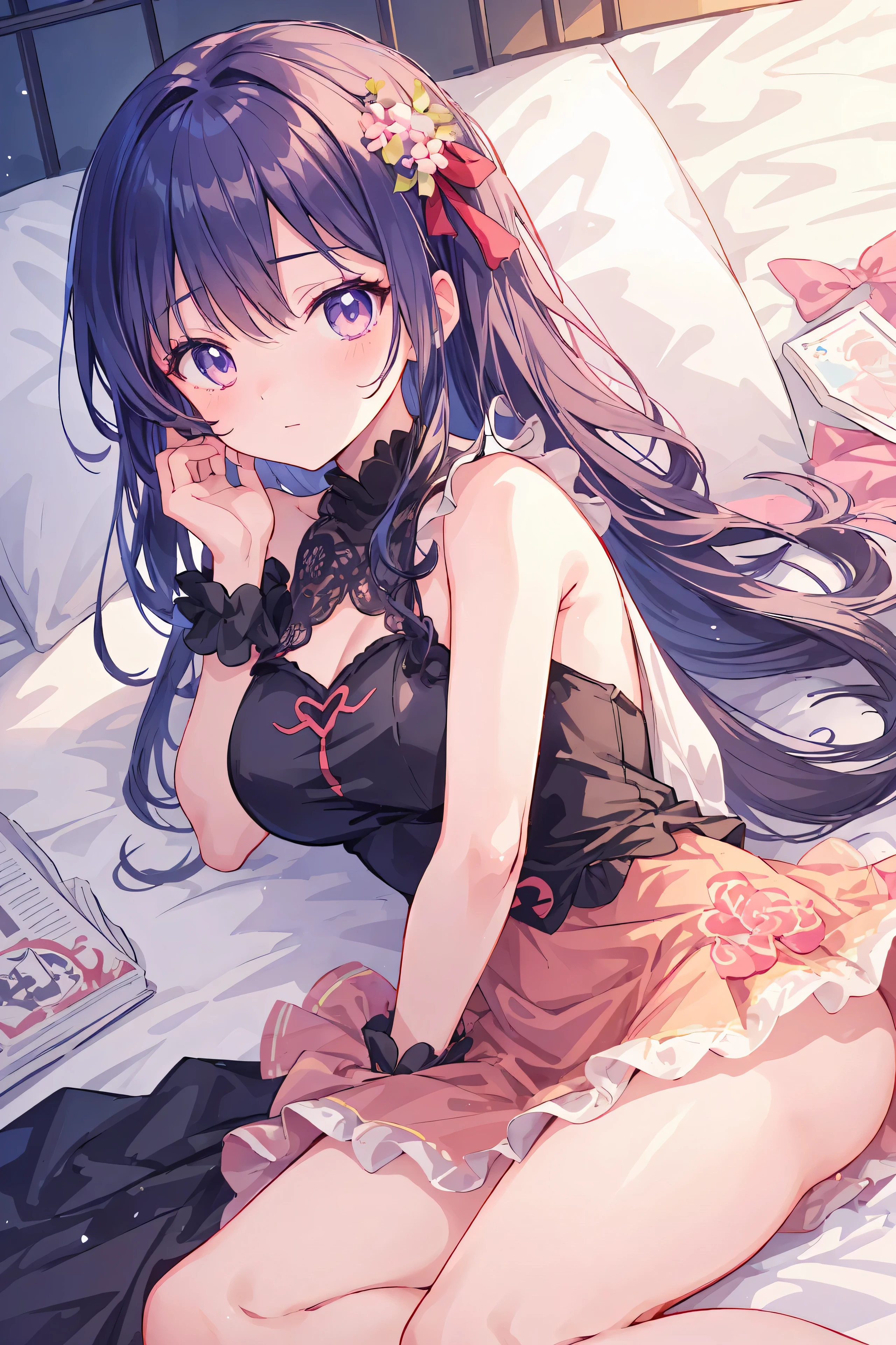 Fille animée laying on a bed with her hands on her head, seductive Fille animée, les mieux notés sur pixiv, en robe, beautiful Fille animée, Fille animée with long hair, tendance sur artstation pixiv, courbure , déesse animée, belle femme anime séduisante, art animé détaillé, pixiv, (Fille animée), belle femme animée