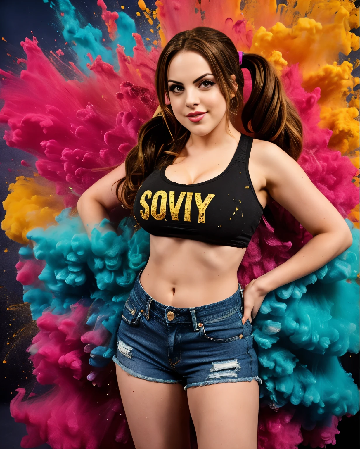 ((elizabeth gillies, sexy, camiseta molhada, bigfaketits, mamilos excitados, mamilos grandes)),master part,best quality,intrincado,aesthetic,Rosto detalhado,Subsurface scattering,Olhando para o Viewer, 1girl,foto de uma bonito,corpo inteiro,Sorriso leve,encantador,20 anos,cabelo twintails.crew cut,colorido,splatter de tinta,Tecelagem,pano, BigFaketits, cabelos loiros, shorts jeans, shorts curto, 