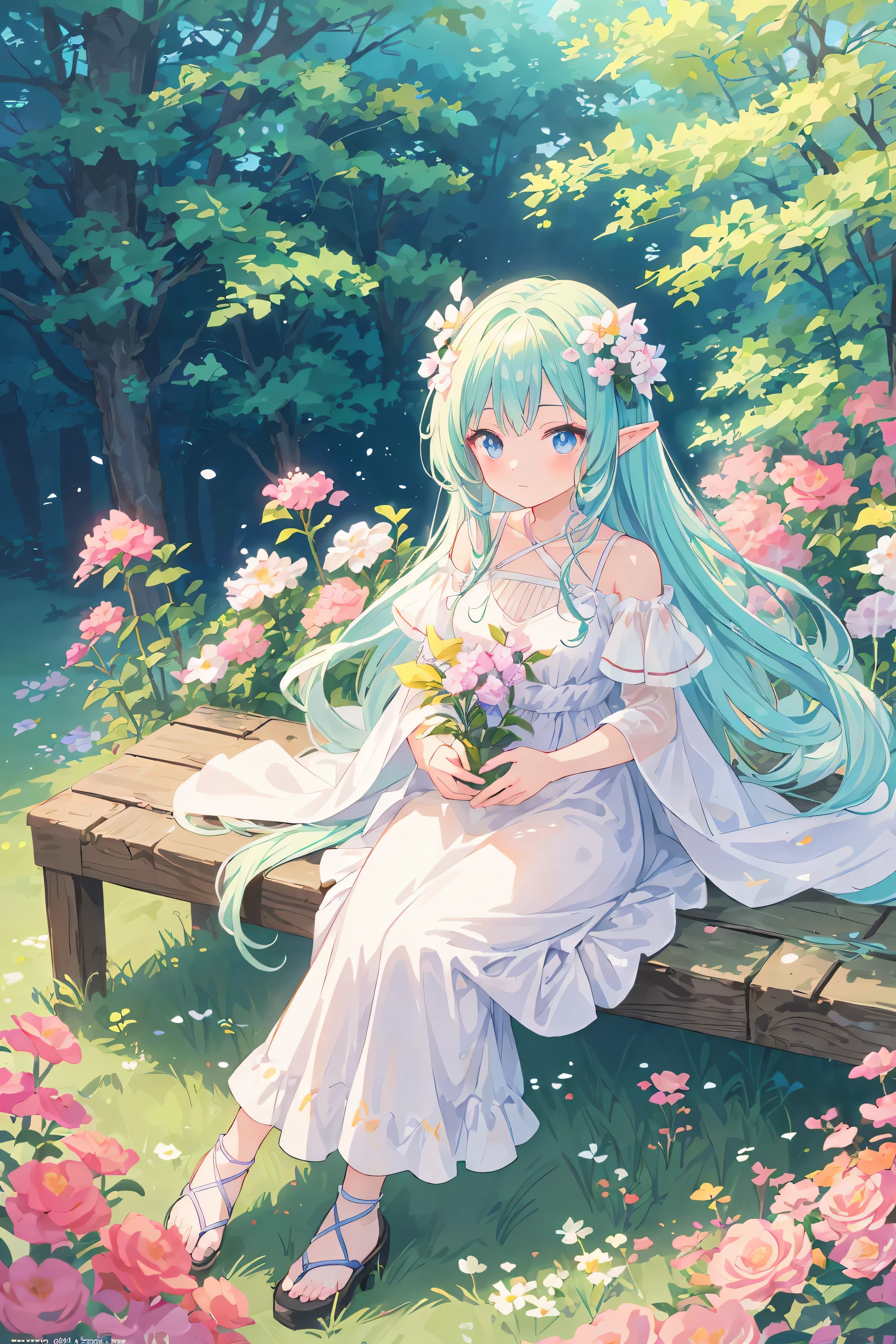 anime girl dans une robe blanche assise dans un champ de fleurs, un dessin animé de Shitao, pixiv, Art Fantastique, bel anime fantastique, Fond d&#39;écran d&#39;art animé 8 K, Fond d&#39;écran d&#39;art animé 4k, Fond d&#39;écran d&#39;art animé 4 K, bel art animé, waifu anime mignon dans une jolie robe, Princesse elfe, bel art animéwork, tendance sur artstation pixiv