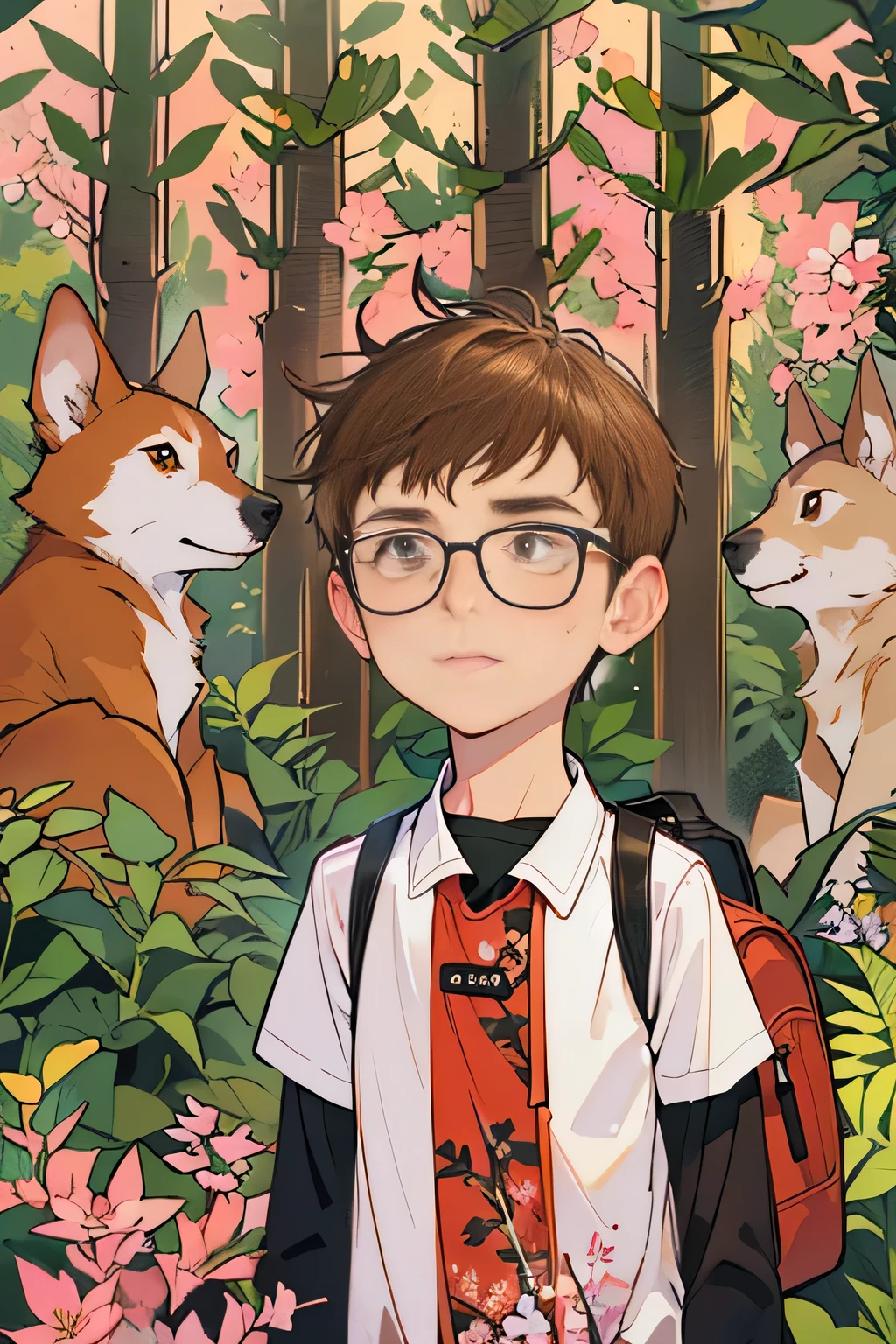 Prompt: Create an image with a 14-year-old boy, a wiggled brown and white dog, and a lively squirrel, all with clear and undistorted faces. The boy wears a casual white shirt, black trousers, and a red backpack with black straps. Ensure they are all together in the scene with a vibrant background of trees and bushes, --seed 2063584062
