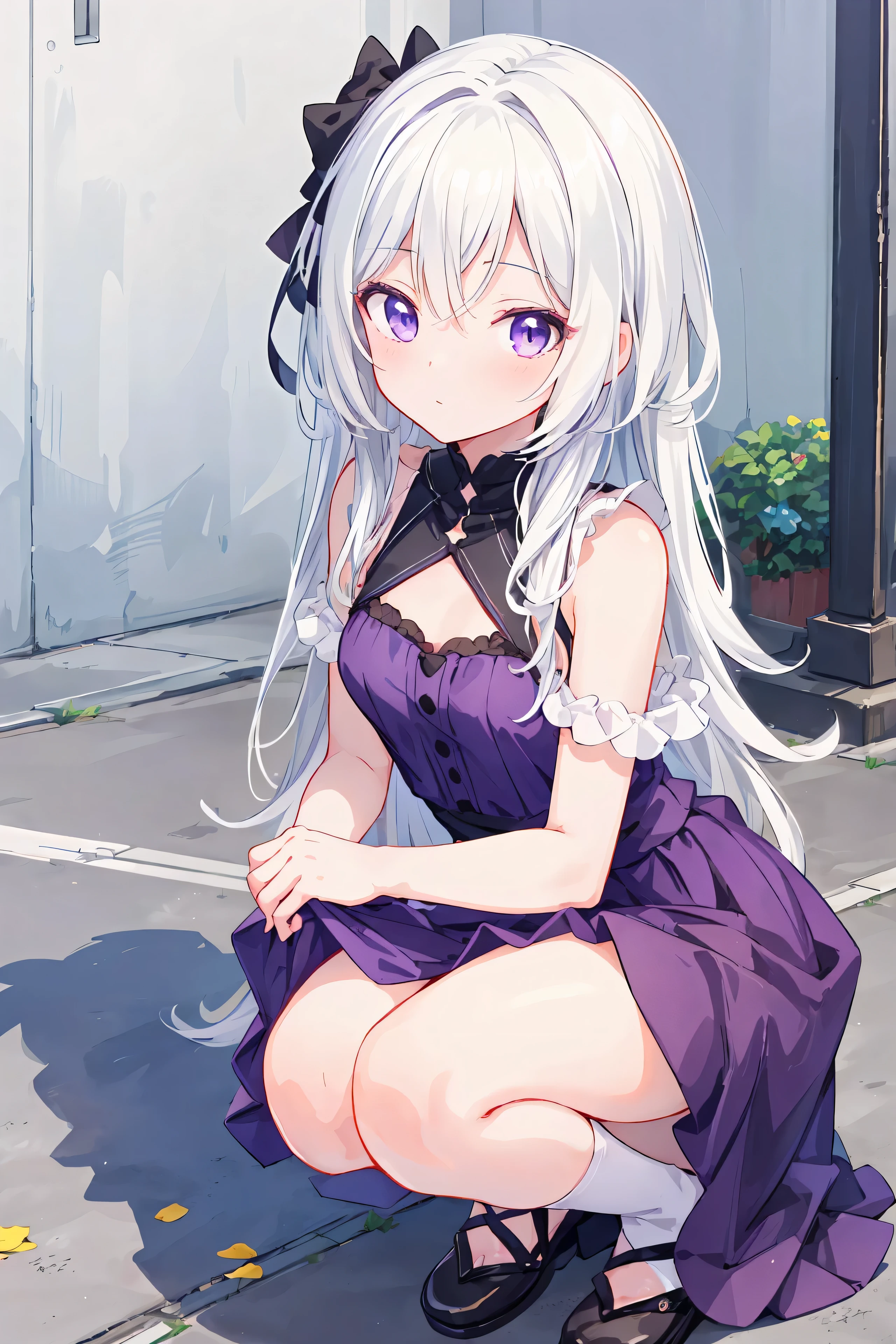Fille animée with white hair and purple dress laying on the ground, un dessin animé de Shitao, pixiv, le réalisme, seductive Fille animée, des filles de première ligne, beautiful Fille animée squatting, courbure , the Fille animée is crouching, cheveux blancs, Art CG d'anime fluide, Fille animée, 2 b, 2b