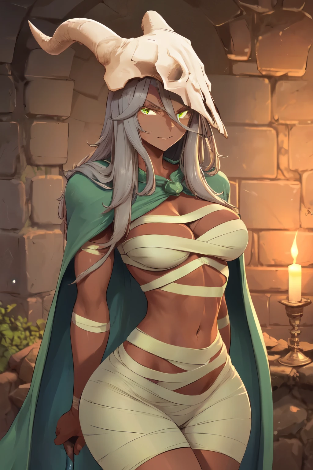 THESILENT, (GREY HAIR), DARK SKIN, (SKULL:1.3), GREEN CLOAK, WHITE BANDAGES, MIDRIFF, BANDAGED LEGS, 1girl, solo, facing viewer, looking at viewer, upper body, smile. Dungeon, stone walls, underground, torch light, darkness, stoic look, holding a dagger