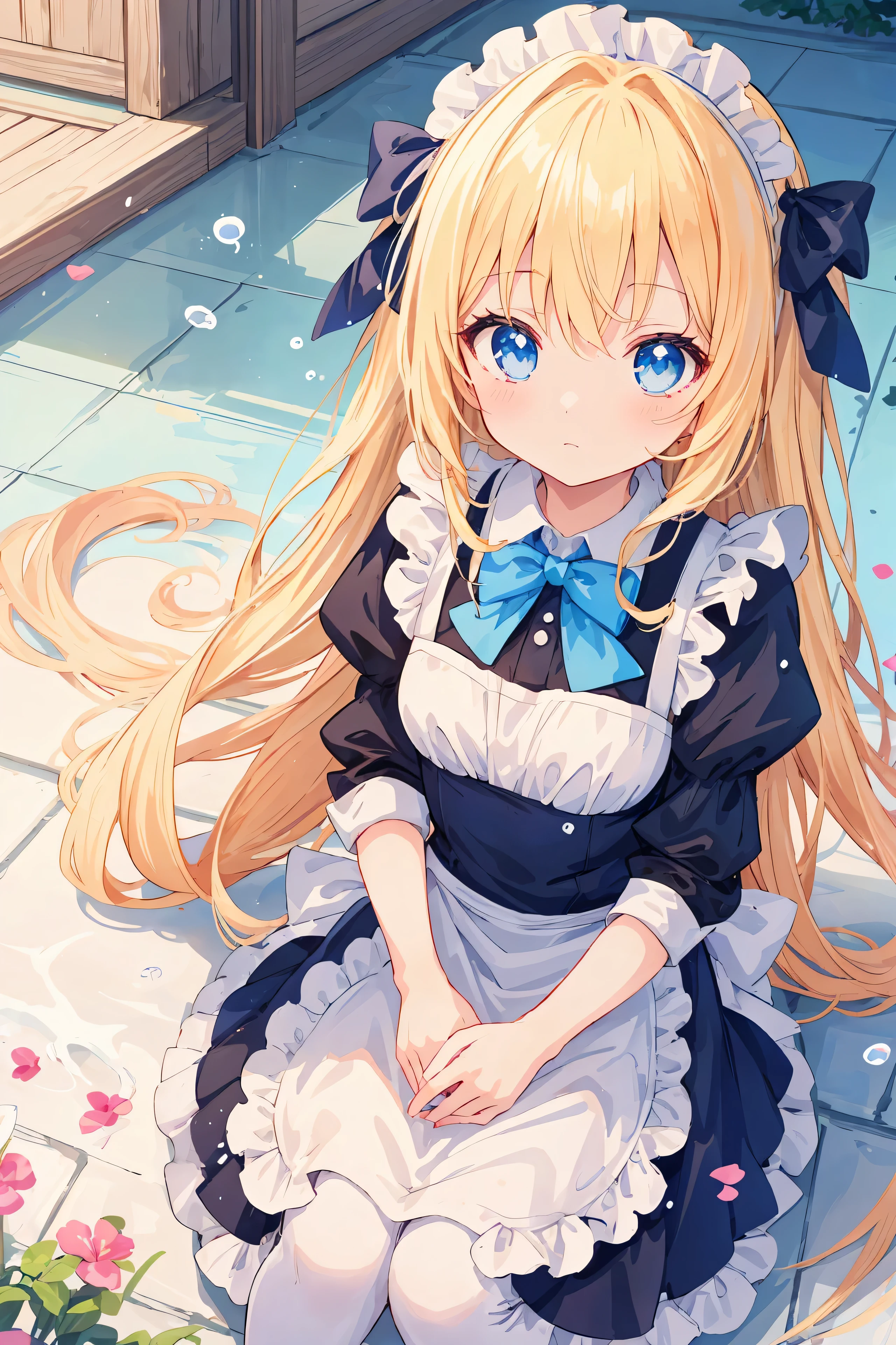 anime girl assise sur une table avec un arc bleu,  en robe, waifu anime mignon dans une jolie robe,  courbure , fille anime blonde aux cheveux longs, magnifique femme de chambre, anime girl dans un costume de femme de chambre, Belle fille animée, jolie fille animée, [ Art numérique 4K ]!!, anime splash art , jolie fille animée, tenue de femme de chambre