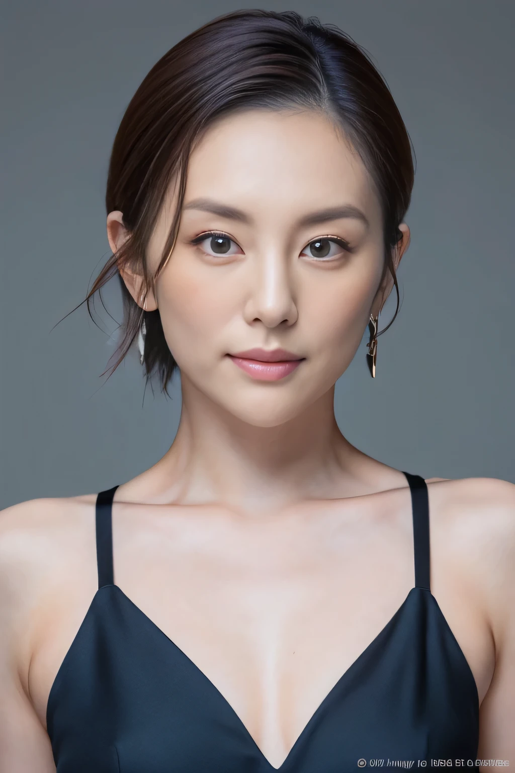 (highest quality,8K,masterpiece),anatomically correct,
sharp focus:1.2、beautiful woman with perfect style:1.4、thin abs:1.2、
((dark brown hair、big breasts:1.2))、
Highly detailed face and skin texture、fine eyes、double eyelid,
(studio photography,gray background),