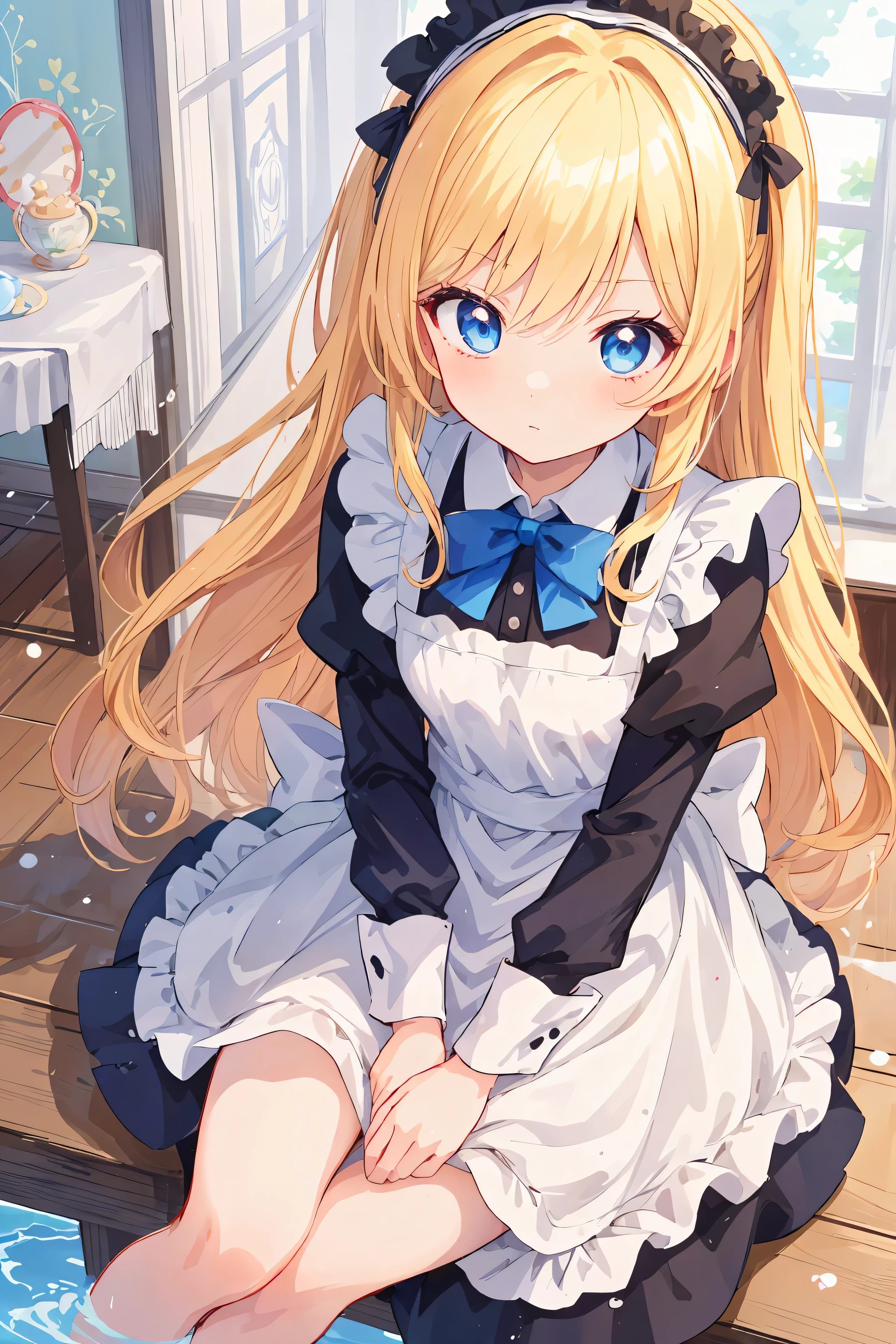 anime girl assise sur une table avec un arc bleu,  en robe, waifu anime mignon dans une jolie robe,  courbure , fille anime blonde aux cheveux longs, magnifique femme de chambre, anime girl dans un costume de femme de chambre, Belle fille animée, jolie fille animée, [ Art numérique 4K ]!!, anime splash art , jolie fille animée, tenue de femme de chambre