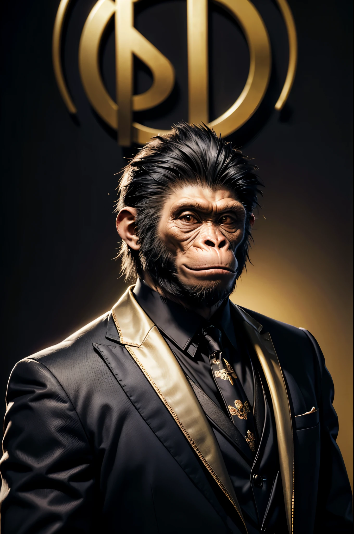 cool monkey in a suit, Wearing a mask, bitcoin, money, 8K, Unreal Quality, accuracy of products, unreal engine 5, wonderful Monkey strikes a regal pose, Exuding confidence and sophistication. photo, a testament to the monkey's impeccable fashion sense, is a masterful creation by a famous photographer. Black background