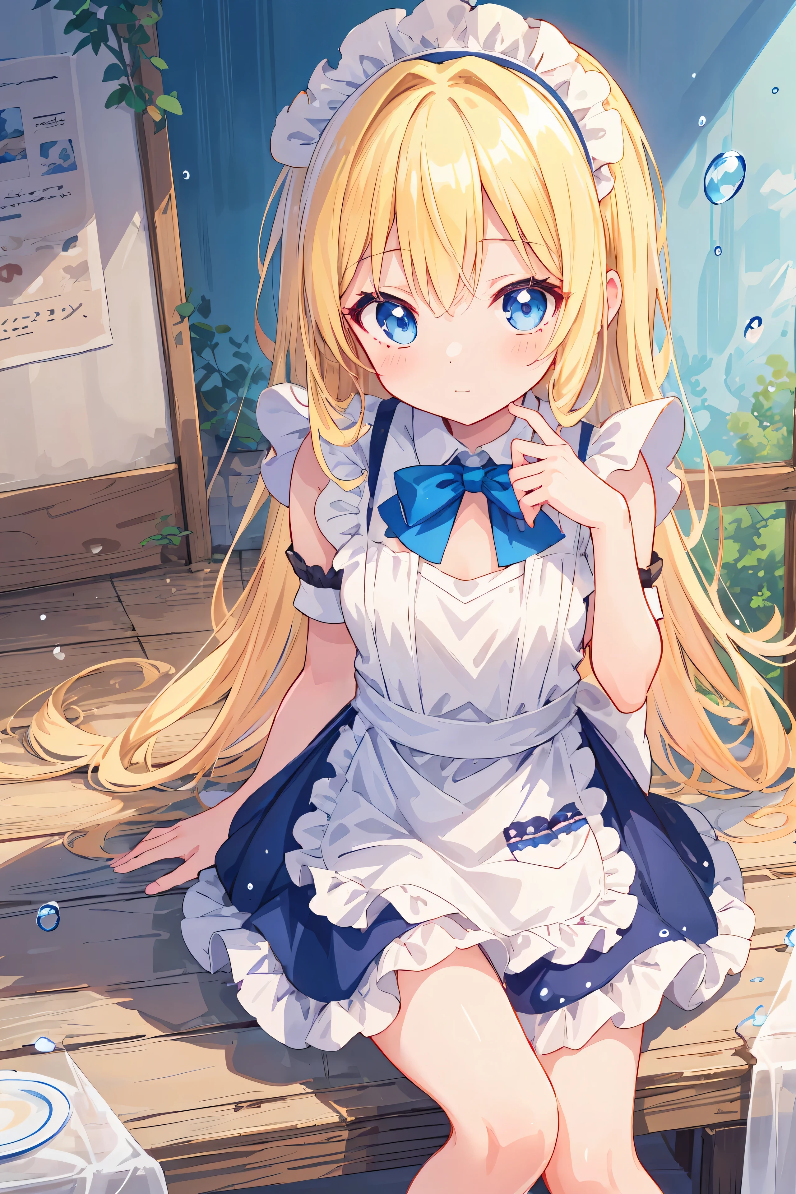 anime girl assise sur une table avec un arc bleu,  en robe, waifu anime mignon dans une jolie robe,  courbure , fille anime blonde aux cheveux longs, magnifique femme de chambre, anime girl dans un costume de femme de chambre, Belle fille animée, jolie fille animée, [ Art numérique 4K ]!!, anime splash art , jolie fille animée, tenue de femme de chambre