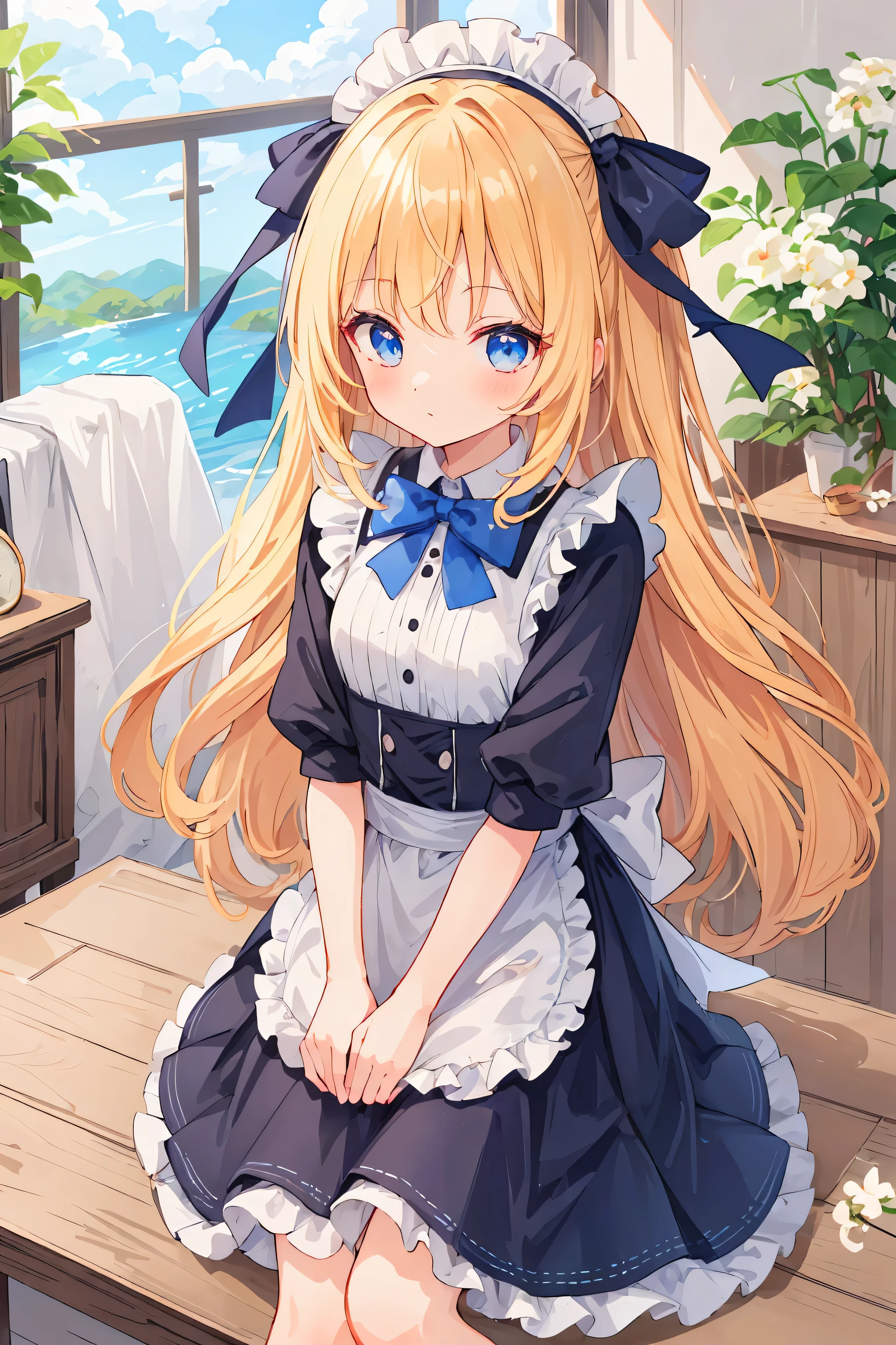anime girl assise sur une table avec un arc bleu, un dessin animé de Kamagurka, pixiv, rococo, en robe, waifu anime mignon dans une jolie robe, courbure , fille anime blonde aux cheveux longs, magnifique femme de chambre, anime girl dans un costume de femme de chambre, Belle fille animée, jolie fille animée