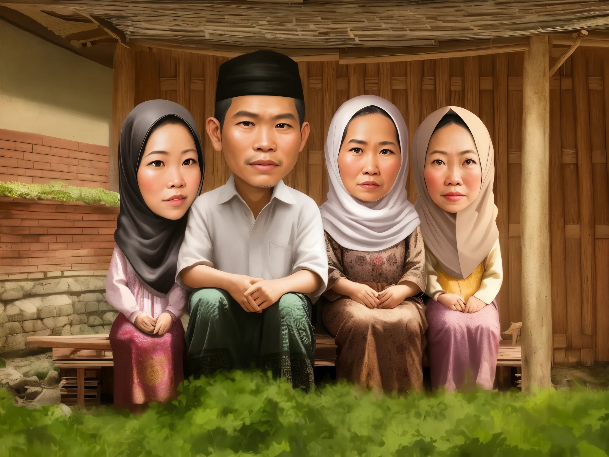 there are three people Sitting in front of the house, an indonesian family portrait, happy family, potrait, Indonesian family, family portrait, caricature illustration, in cartoon style, full protrait, caricature, cartoon digital painting, realism art, digital art cartoon, portrait picture, cartoon art, traditional portrait, cartoon digital art, portrait caricature, detail, hyperrealism, 8k, high contrast, high color saturation, high definition, full ultra hd detail, realistic image