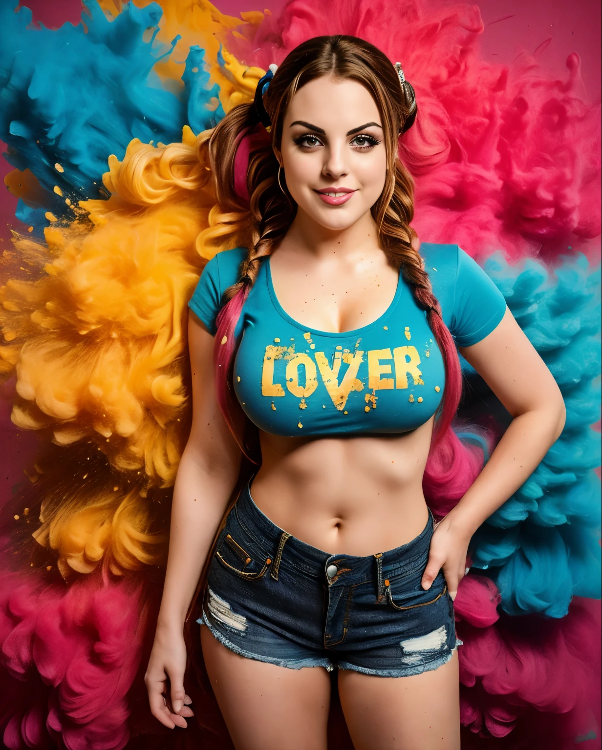 ((elizabeth gillies, sexy, camiseta molhada, bigfaketits, mamilos excitados, mamilos grandes)),master part,best quality,intrincado,aesthetic,Rosto detalhado,Subsurface scattering,Olhando para o Viewer, 1girl,foto de uma bonito,corpo inteiro,Sorriso leve,encantador,20 anos,cabelo twintails.crew cut,colorido,splatter de tinta,Tecelagem,pano, BigFaketits, cabelos loiros, shorts jeans, shorts curto, 