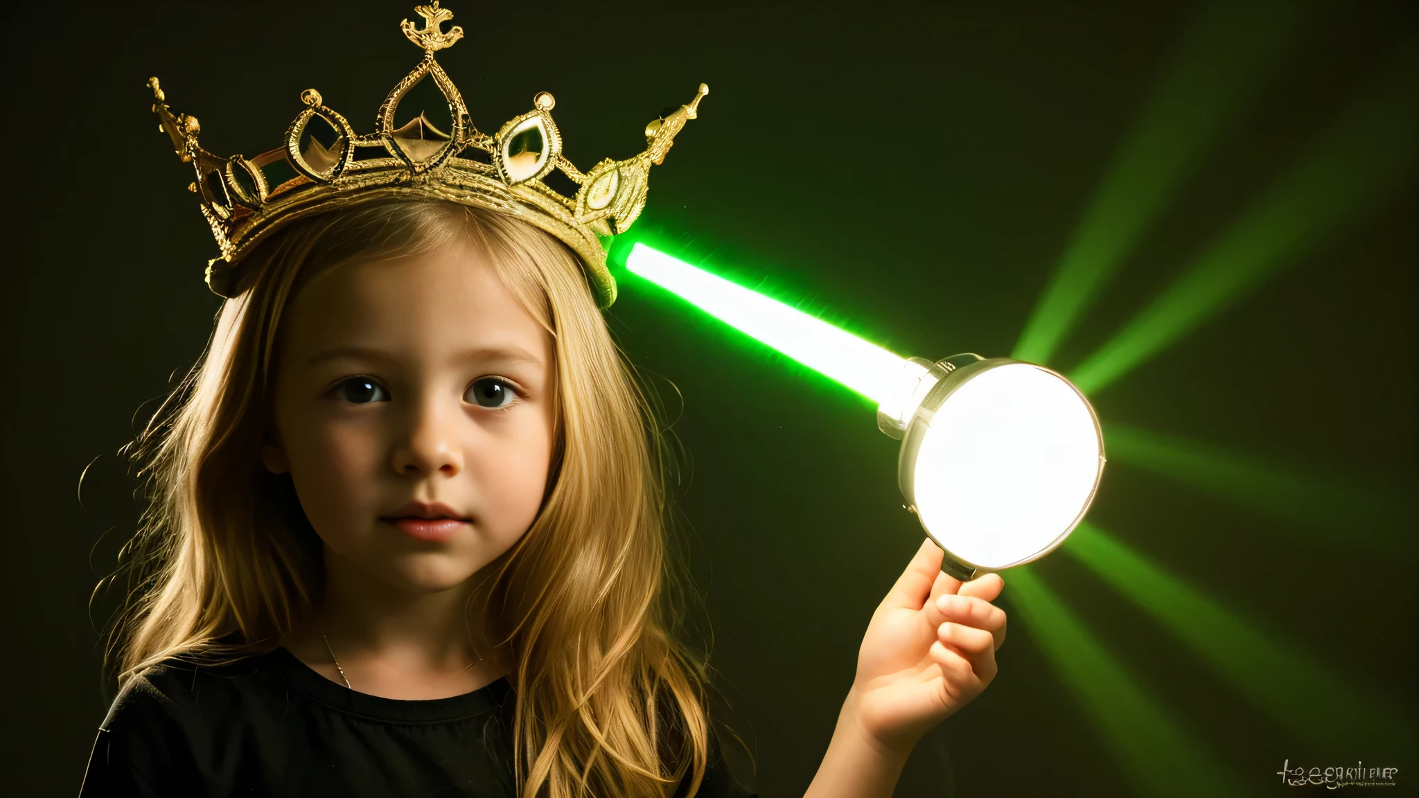 BLOND kids girl in a crown, flashlight GREEN light , segurando uma lanterna com laser verde,