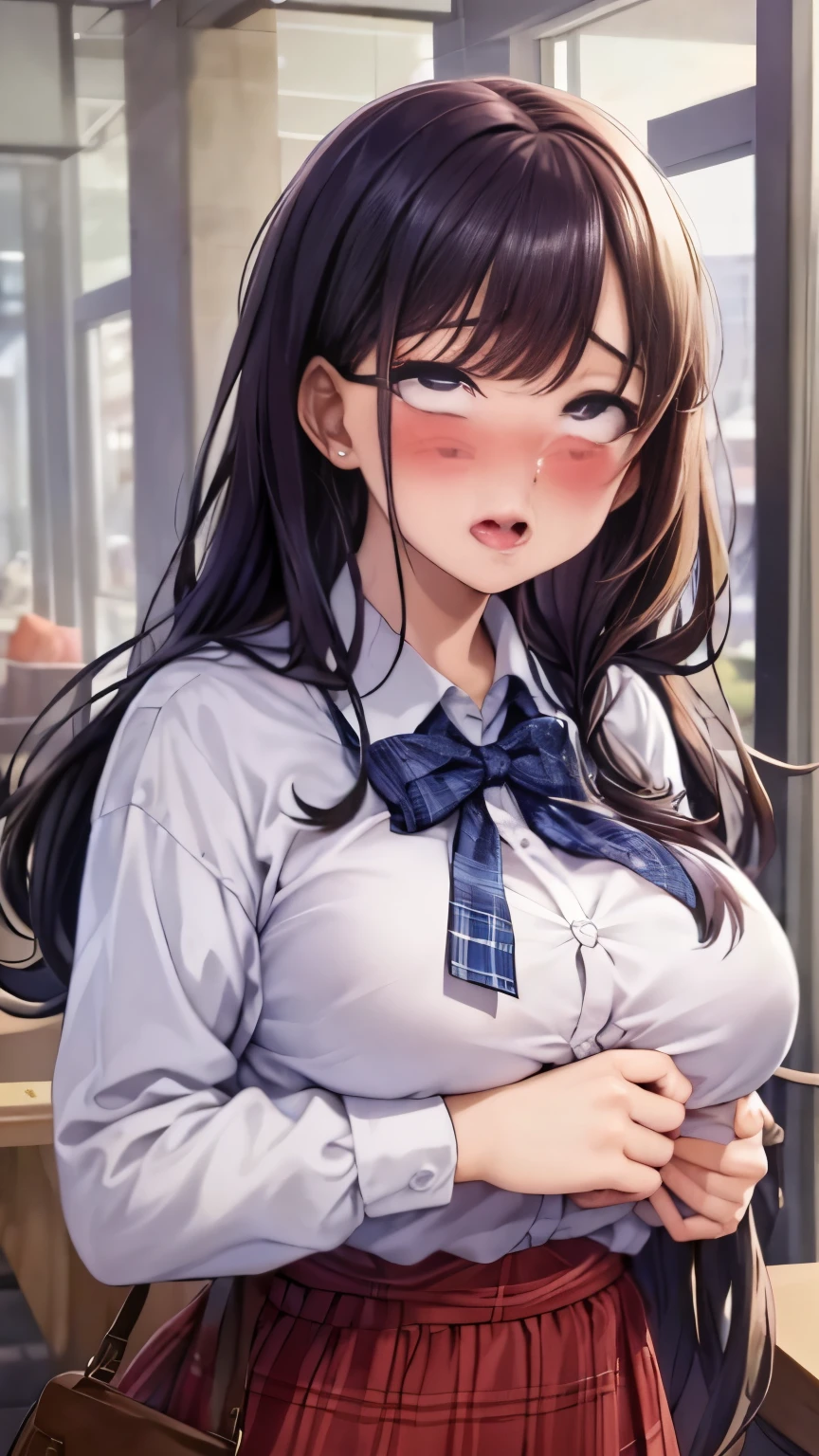 1 girl, alone,  young face、black hair, (naked), high school girl、school uniform、big breasts, thighs, classroom、 (blush:1.5)、shirt、skirt、loafers、Ahegao、open your big mouth、stick out your tongue、shed tears、nipple、breastfeeding、huge breasts、panties、realistic eyes、nippleが透けて見える、Ahegao、ojo face、shortcut、Glasses、eyes that rotate violently、Rui々new lips、realistic teeth