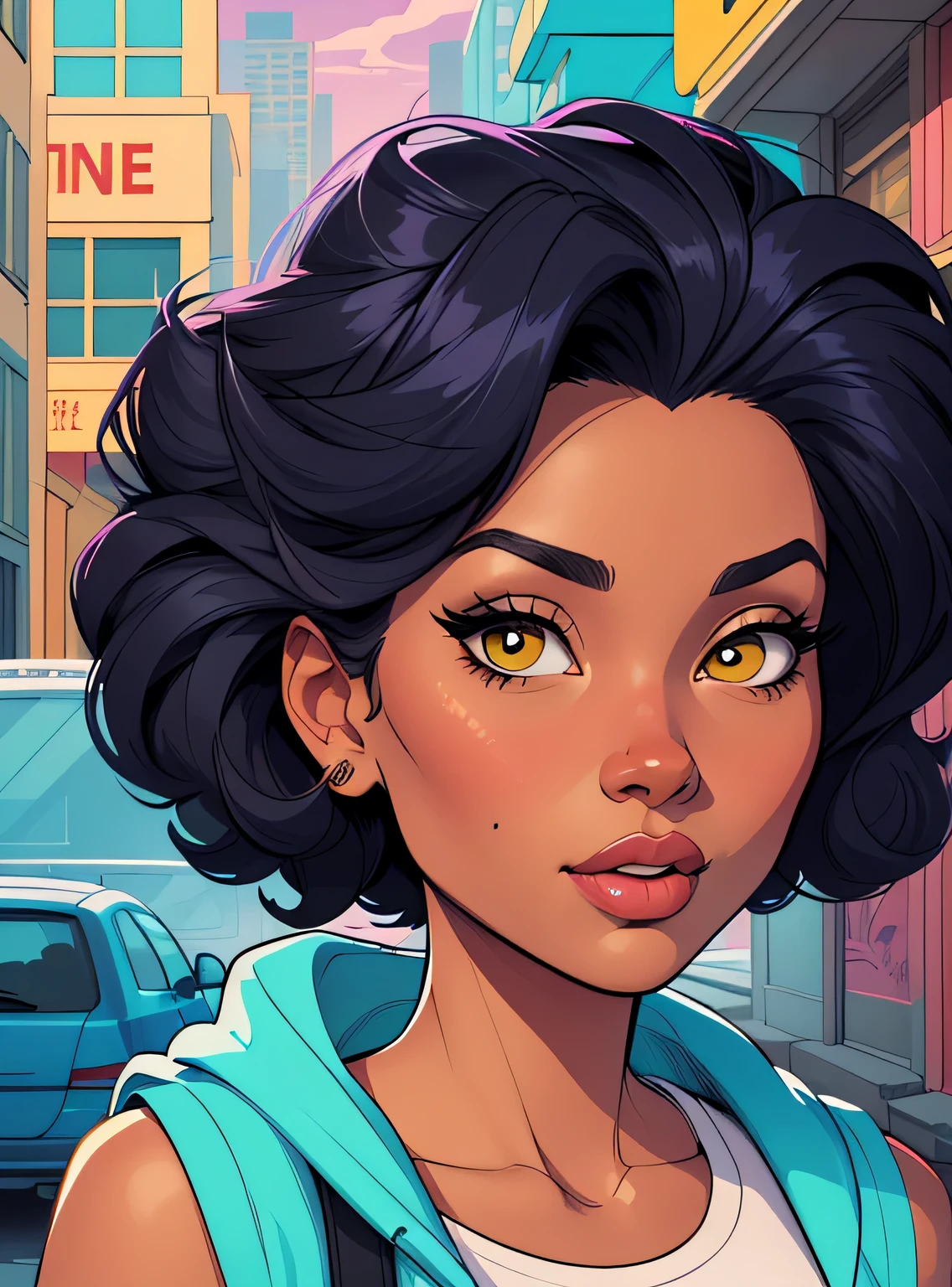 (estilo de desenho animado:1.2), Cartoon image of a woman with big African hair, hip hop cap and street clothes , garota funky super fofa, cartoon style illustration, estilo de arte dos desenhos animados, estilo de arte dos desenhos animados, digital illustration style, design de personagens altamente detalhado, arte digital detalhada fofa, City Girl Fan Art, design de personagem retrato, beautiful digital illustration, retrato de alta qualidade, arte em quadrinhos, Africa, retrato do design do personagem, fundo do graffiti