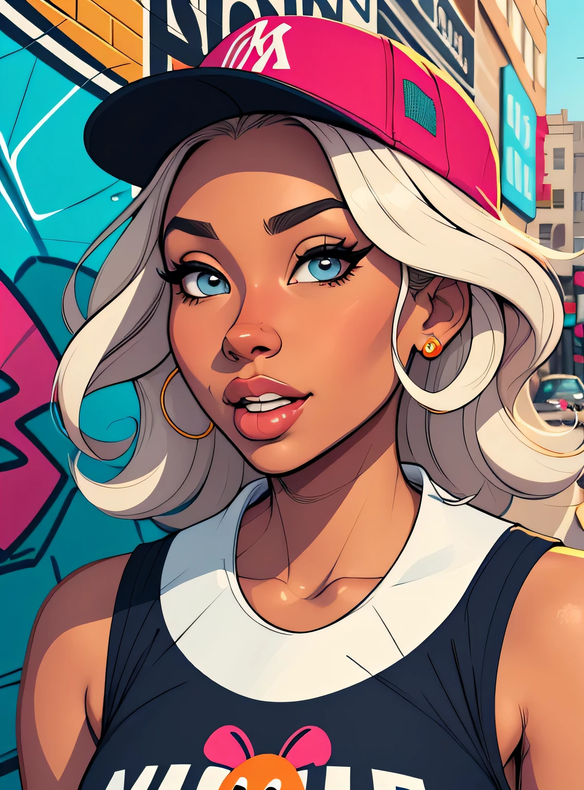 (estilo de desenho animado:1.2), Cartoon image of a woman with big African hair, hip hop cap and street clothes , garota funky super fofa, cartoon style illustration, estilo de arte dos desenhos animados, estilo de arte dos desenhos animados, digital illustration style, design de personagens altamente detalhado, arte digital detalhada fofa, City Girl Fan Art, design de personagem retrato, beautiful digital illustration, retrato de alta qualidade, arte em quadrinhos, Africa, retrato do design do personagem, fundo do graffiti