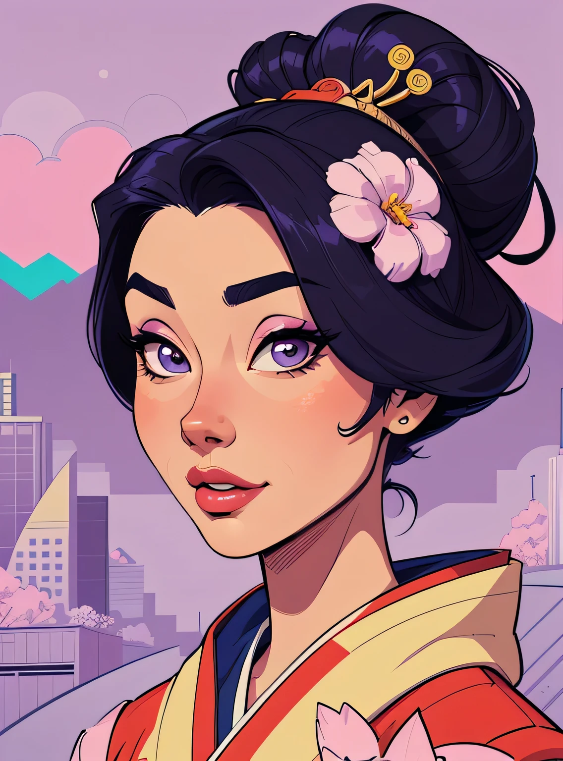 (estilo de desenho animado:1.2), Imagem de desenho animado de uma gueixa e flores, garota funky super fofa, cartoon style illustration, estilo de arte dos desenhos animados, estilo de arte dos desenhos animados, digital illustration style, design de personagens altamente detalhado, arte digital detalhada fofa, City Girl Fan Art, design de personagem retrato, beautiful digital illustration, retrato de alta qualidade, arte em quadrinhos, retrato do design do personagem, lilac background