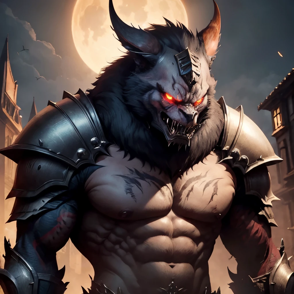 gewaltiges bestiealische Monster. Pointed teeth. Very evil aggressive terror panic psycho killer red fur big mutant gigantic dangerous dark demons evil wild animal creepy horror terrible dangerous masters fantasy realistic cinematic armored armor cosmos magic perfectly detailed.felliges Kreatur.beastman. riesenaxt high tech Techn