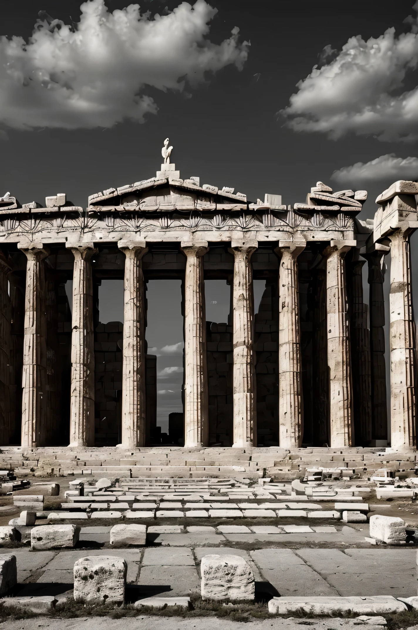 
"A dark landscape image of an ancient greek society deeply connected to stoicism, black and white, ancient greek architecture, include one single