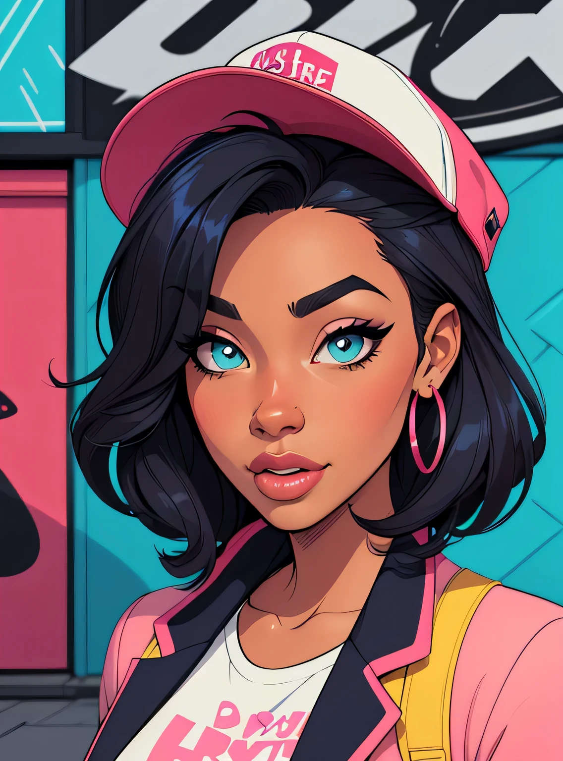 (estilo de desenho animado:1.2), Cartoon image of a woman with big African hair, hip hop cap and street clothes, jaqueta esportiva , garota funky super fofa, cartoon style illustration, estilo de arte dos desenhos animados, estilo de arte dos desenhos animados, digital illustration style, design de personagens altamente detalhado, arte digital detalhada fofa, City Girl Fan Art, design de personagem retrato, beautiful digital illustration, retrato de alta qualidade, arte em quadrinhos, Africa, retrato do design do personagem, fundo do graffiti