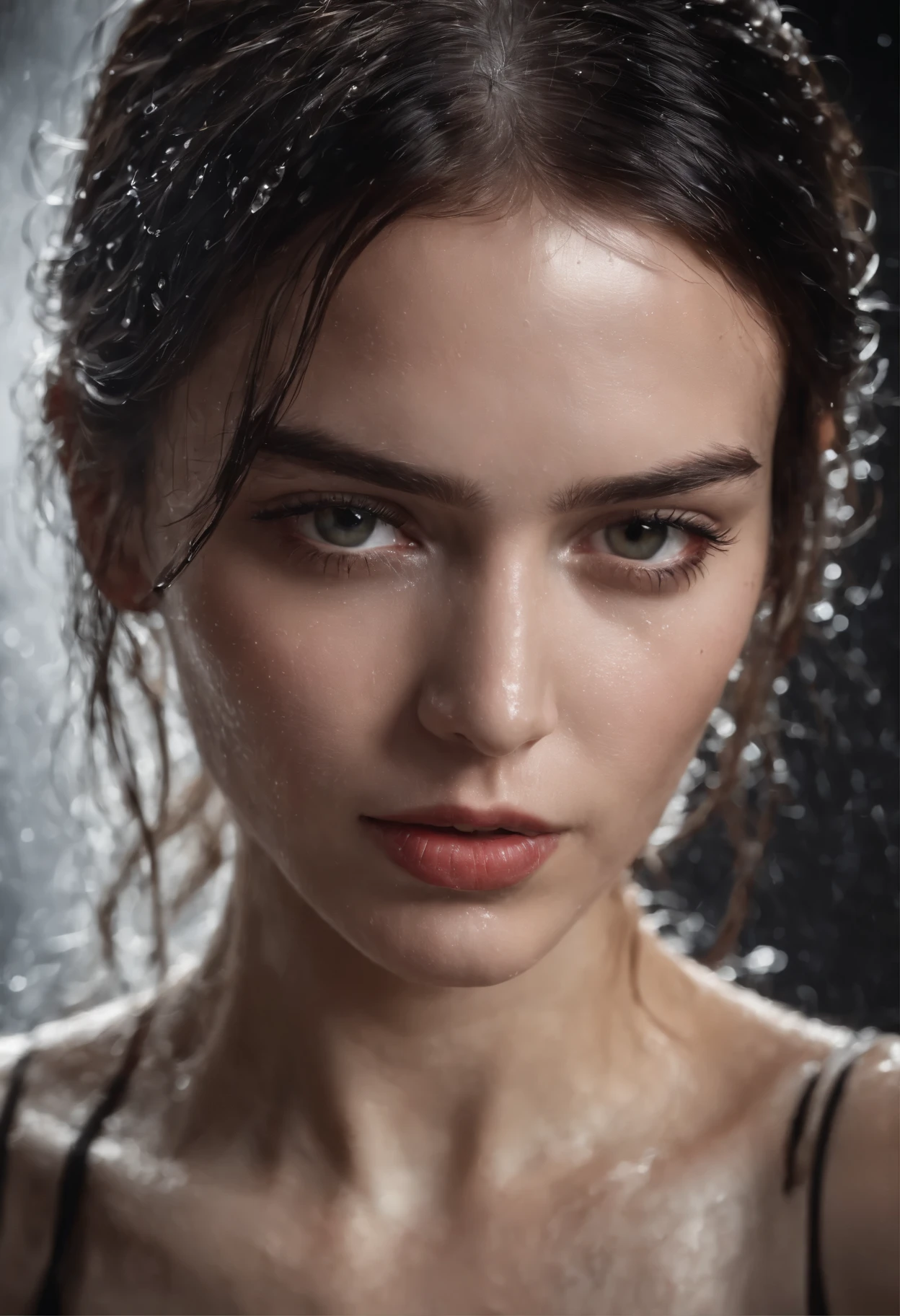 a close up of a woman with wet hair and a black background, crying fashion model, photography of albert watson, tears dripping from the eyes, wet dripping hair, awesome and moody, by irakli nadar, tears running down face, 8k artistic portrait photography, rain drops on face, black and white artistic photo, sultry expression, emotive portrait, close up, face portrait, macro lens, 100mm 1.8, dramatic pose, award winning portrait, crystal clear, micro-details , red liquid, red water