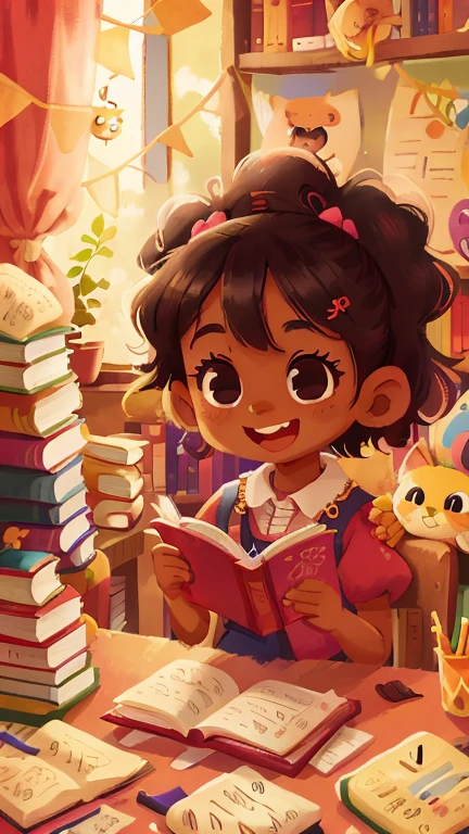 black skin girl,beauty eyes,books,smile,illustration,cute